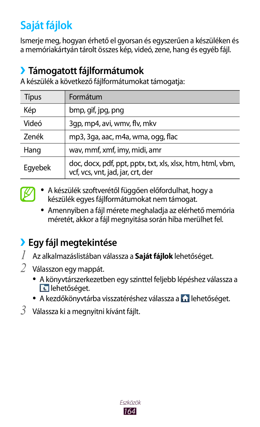 Samsung GT-N7000ZBADBT, GT-N7000ZBEATO, GT-N7000RWAATO, GT-N7000ZBAEUR manual Saját fájlok, ››Támogatott fájlformátumok, 164 