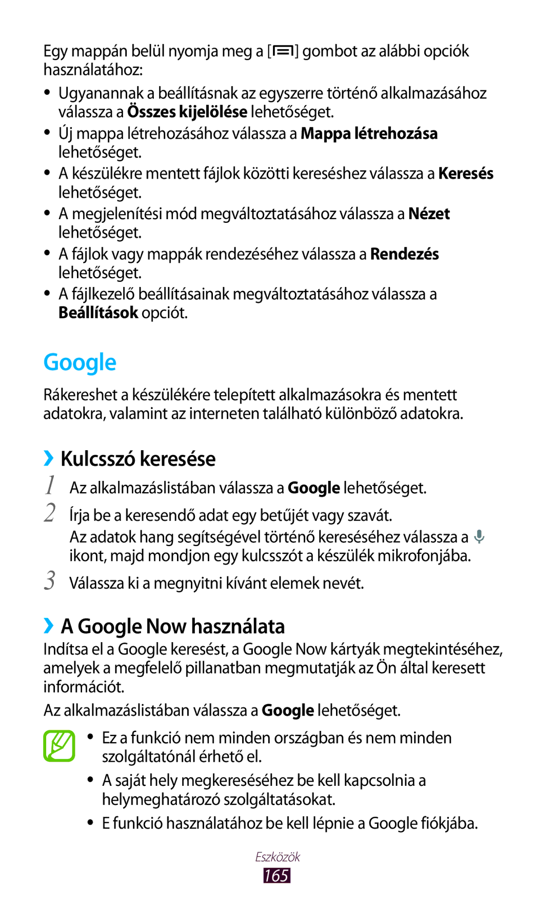 Samsung GT-N7000ZBEATO, GT-N7000ZBADBT, GT-N7000RWAATO manual ››Kulcsszó keresése, ››A Google Now használata, 165 