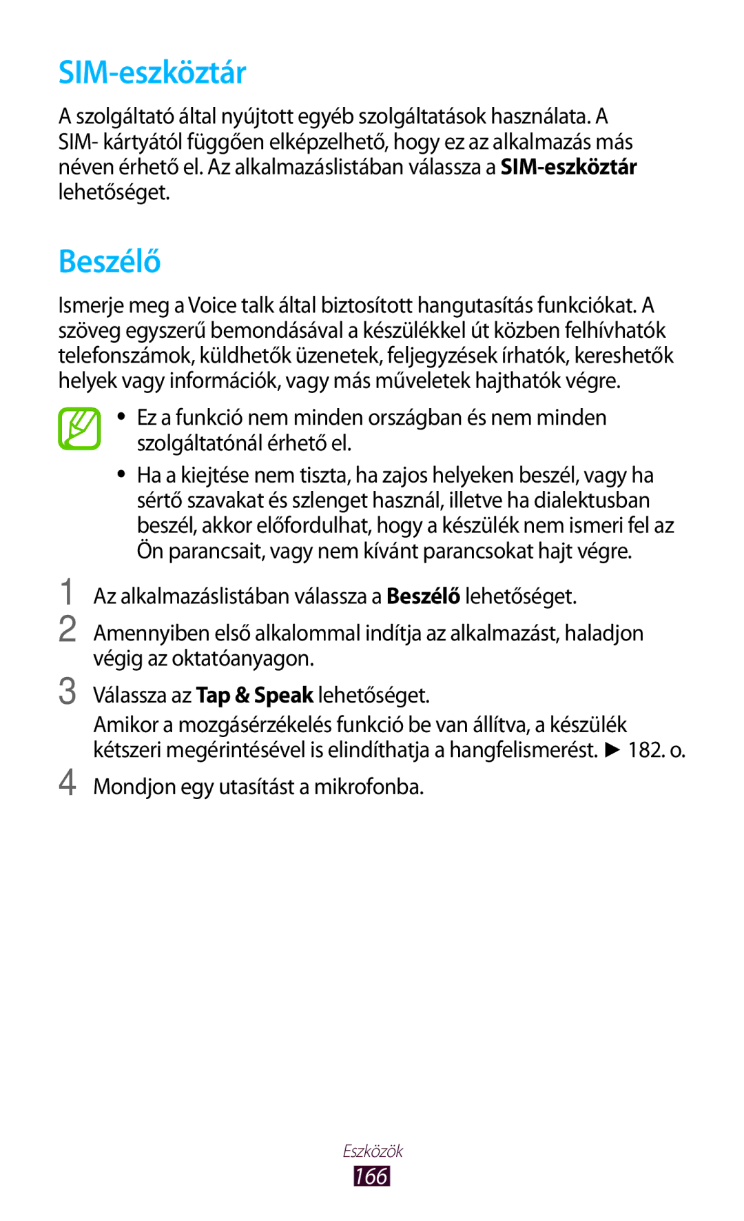 Samsung GT-N7000RWAATO, GT-N7000ZBADBT, GT-N7000ZBEATO manual SIM-eszköztár, Beszélő, 166, Mondjon egy utasítást a mikrofonba 