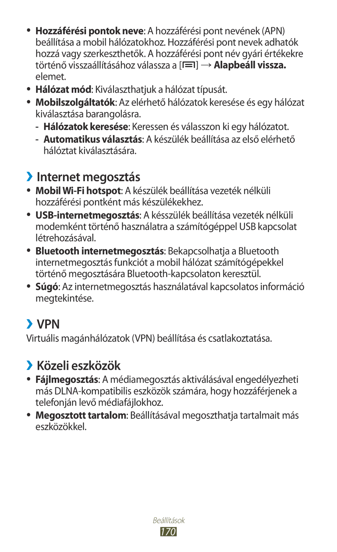 Samsung GT-N7000ZBAVD2, GT-N7000ZBADBT, GT-N7000ZBEATO, GT-N7000RWAATO manual ››Internet megosztás, ››Közeli eszközök, 170 