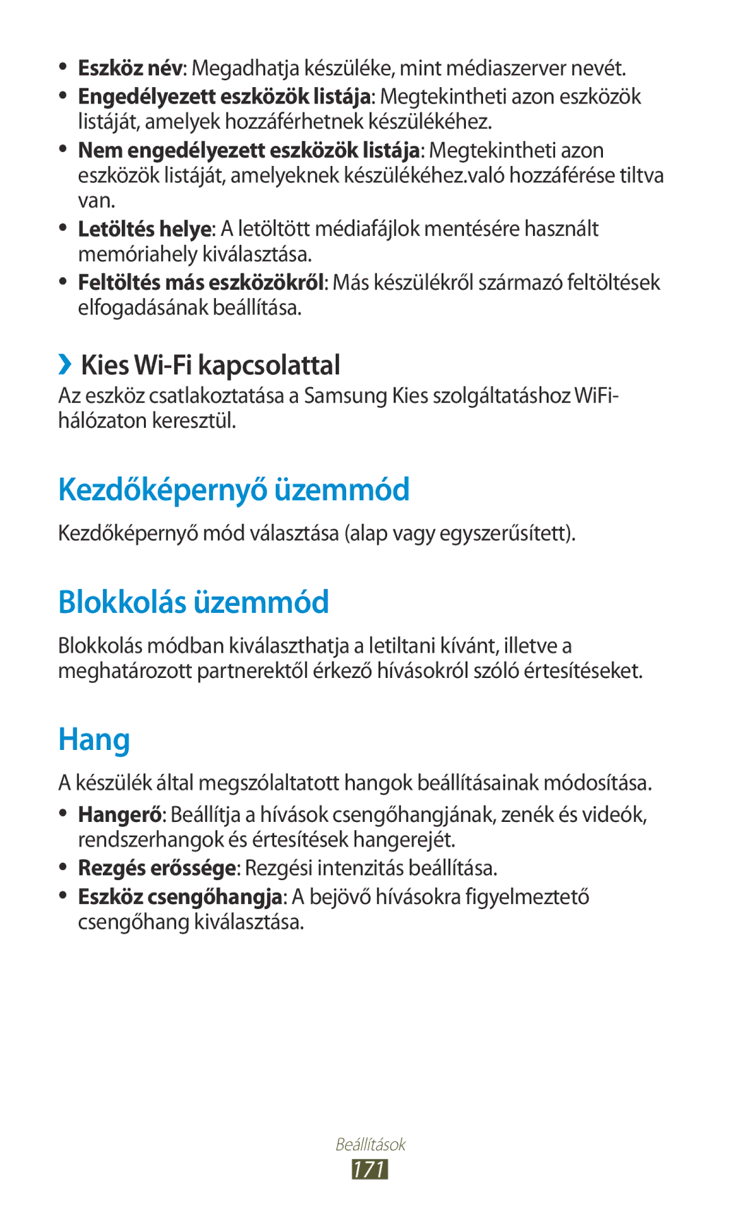 Samsung GT-N7000RWADBT, GT-N7000ZBADBT manual Kezdőképernyő üzemmód, Blokkolás üzemmód, Hang, ››Kies Wi-Fi kapcsolattal, 171 