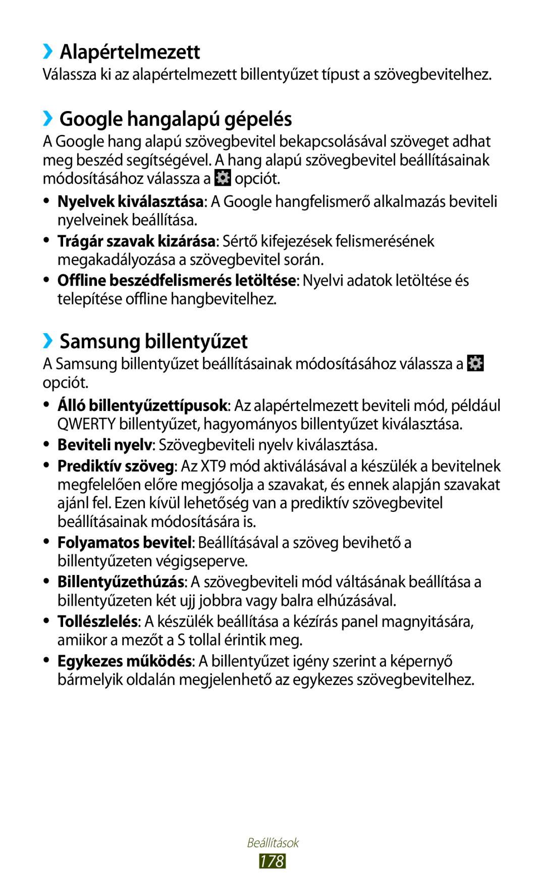 Samsung GT-N7000ZBAMTL, GT-N7000ZBADBT manual ››Alapértelmezett, ››Google hangalapú gépelés, ››Samsung billentyűzet, 178 