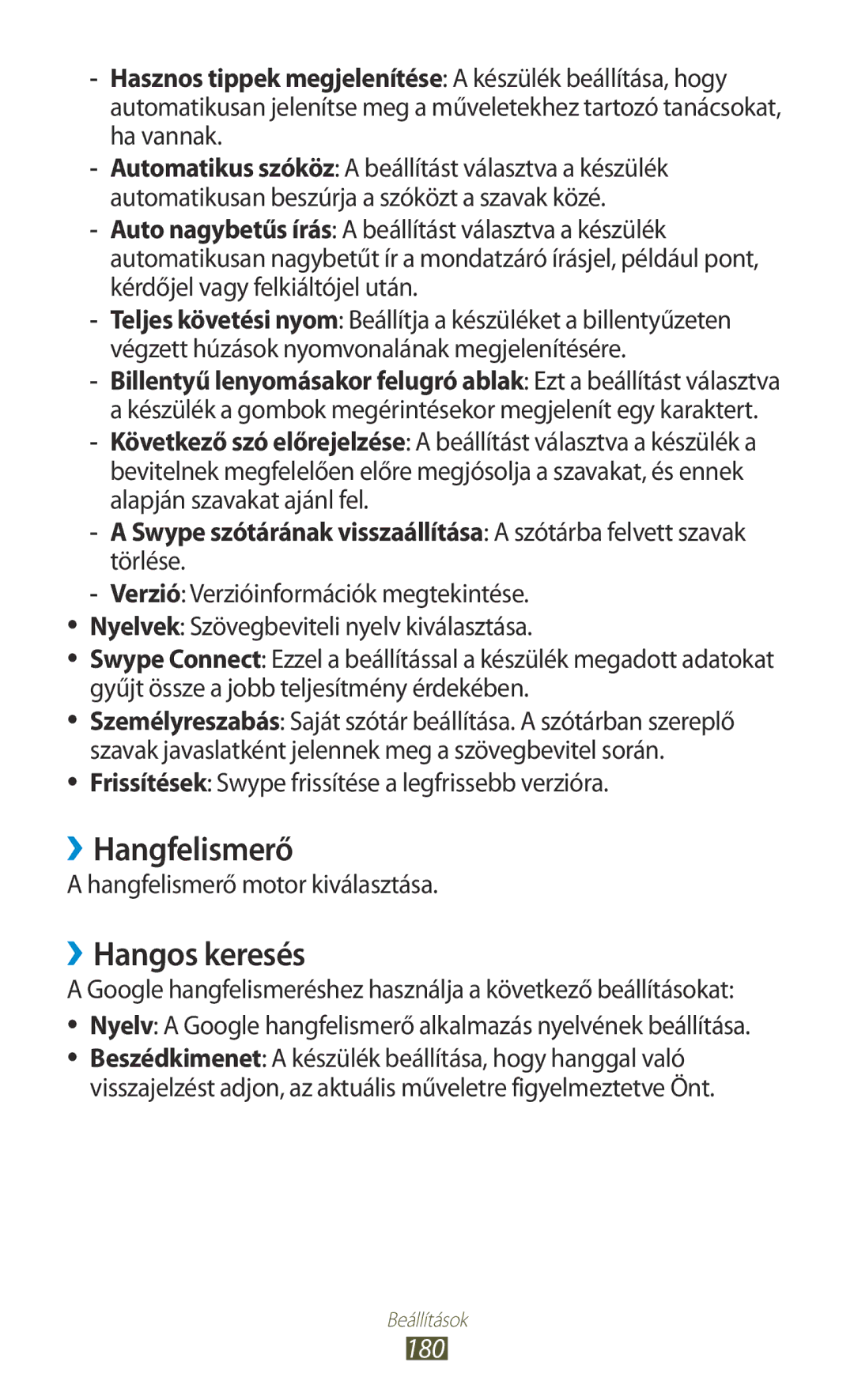 Samsung GT-N7000ZBAMAX manual ››Hangfelismerő, ››Hangos keresés, 180, Frissítések Swype frissítése a legfrissebb verzióra 