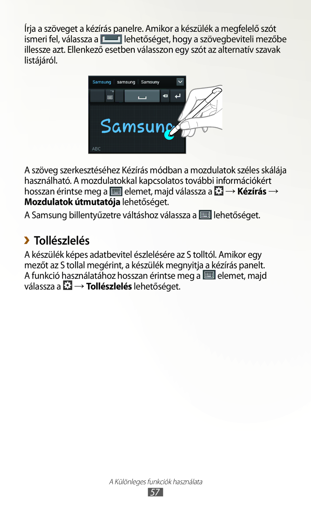 Samsung GT-N7000ZBAMAX, GT-N7000ZBADBT manual ››Tollészlelés, Samsung billentyűzetre váltáshoz válassza a lehetőséget 