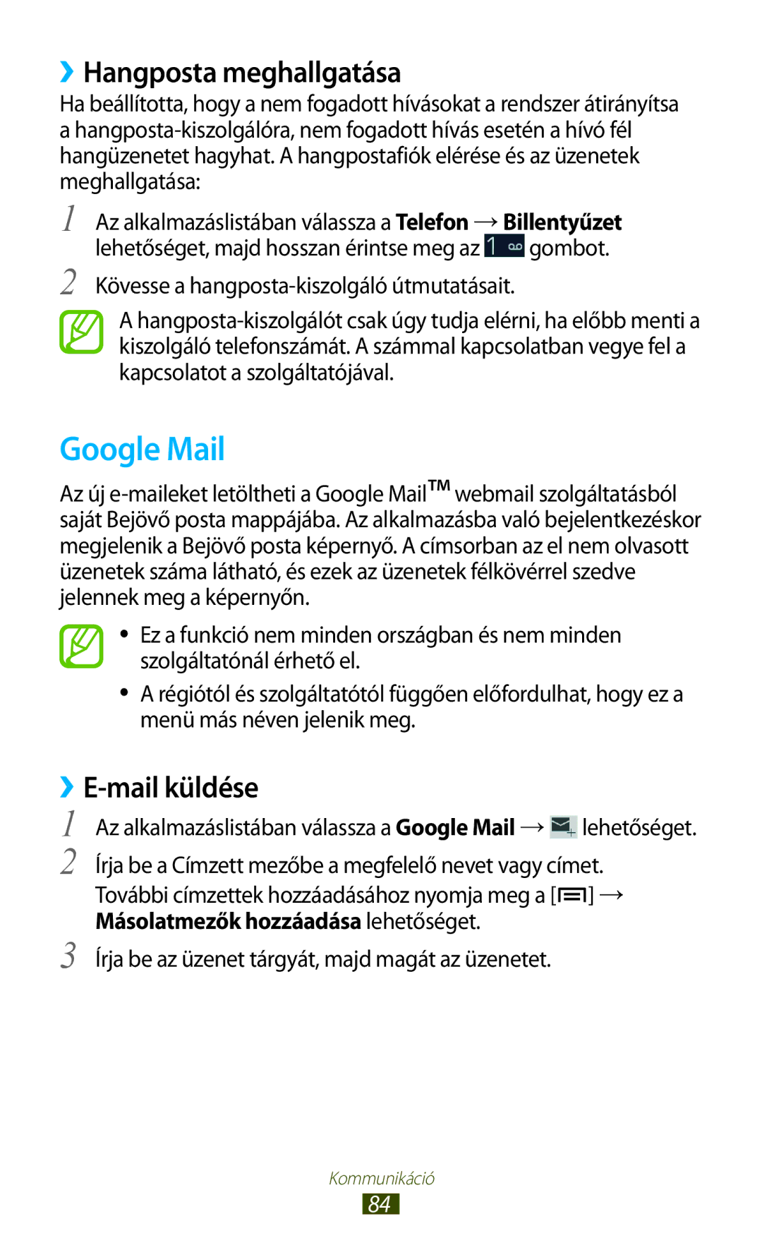 Samsung GT-N7000RWAATO, GT-N7000ZBADBT, GT-N7000ZBEATO manual Google Mail, ››Hangposta meghallgatása, ››E-mail küldése 