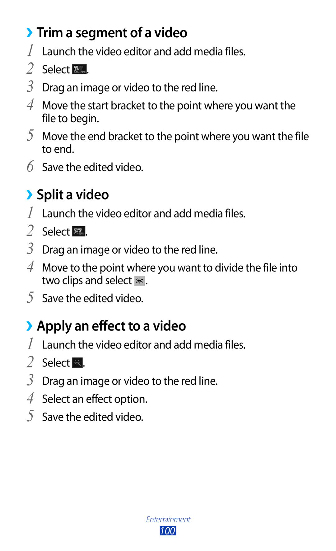 Samsung GT-N7000RWABTC, GT-N7000ZBADBT manual ››Trim a segment of a video, ››Split a video, ››Apply an effect to a video 