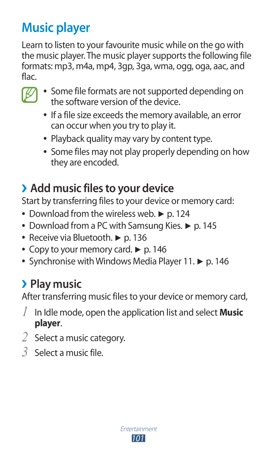 Samsung GT-N7000RWAAFR, GT-N7000ZBADBT, GT-N7000ZBEDBT manual Music player, ››Add music files to your device, ››Play music 