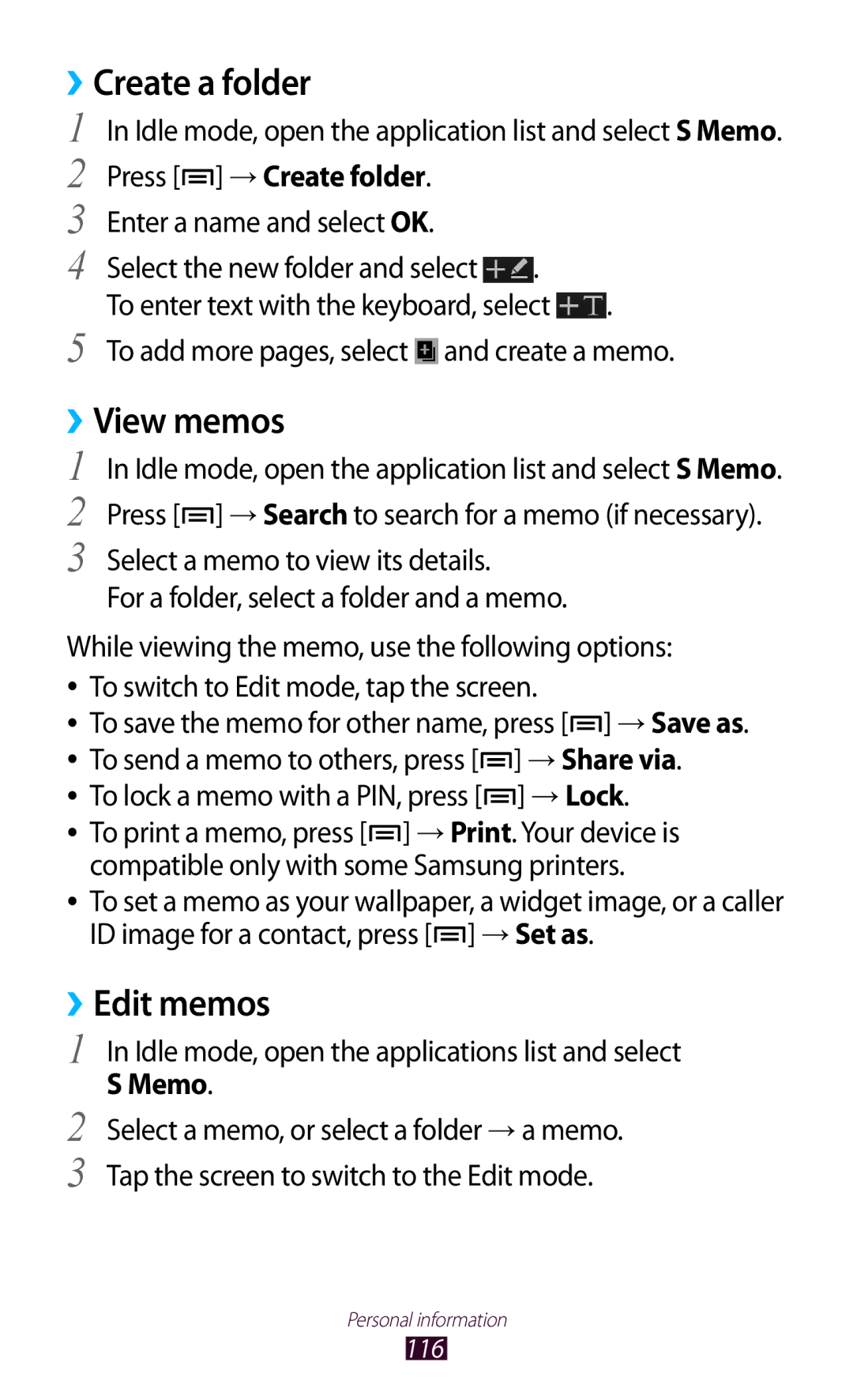 Samsung GT-N7000RWATHR, GT-N7000ZBADBT, GT-N7000ZBEDBT Create a folder, View memos, ››Edit memos, Press → Create folder 