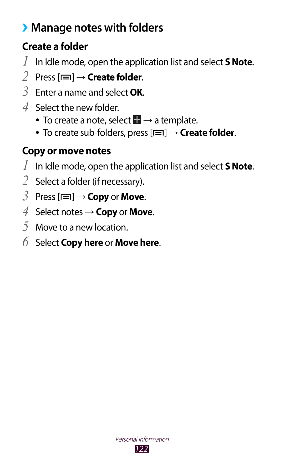 Samsung GT-N7000ZBEHAJ manual Manage notes with folders, Create a folder, Copy or move notes, Select the new folder 