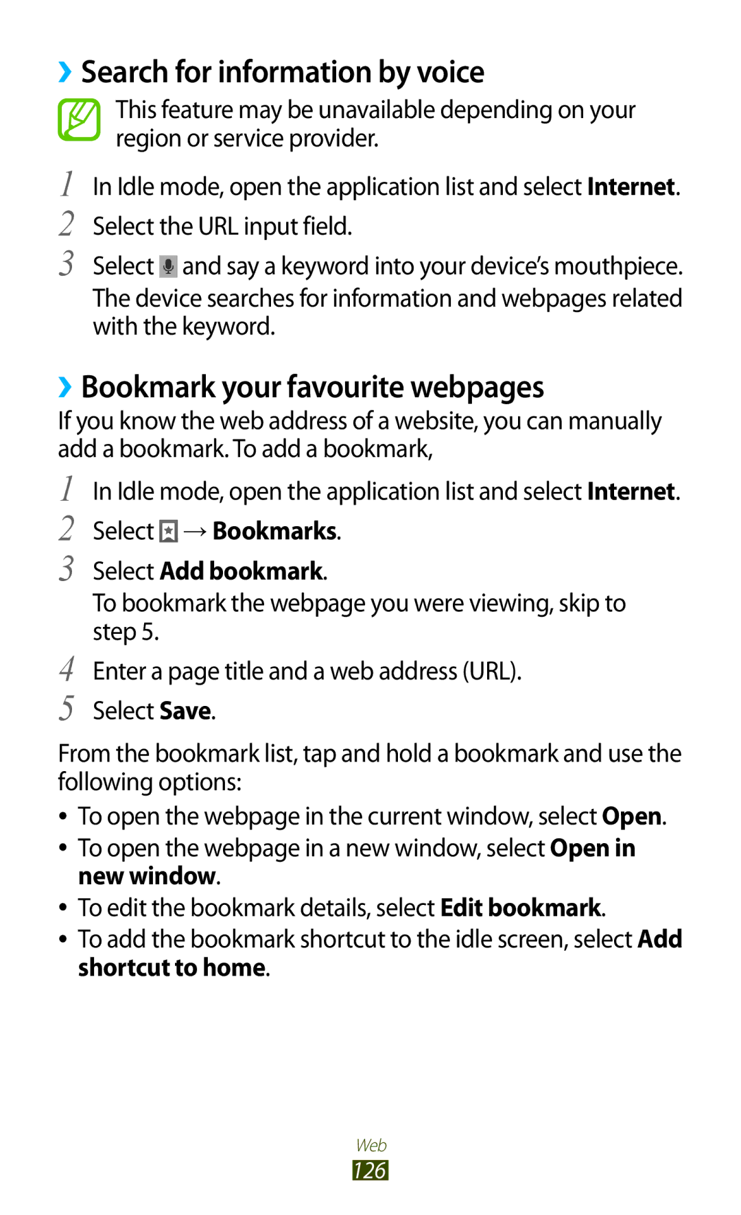 Samsung GT-N7000RWAEGY manual ››Search for information by voice, ››Bookmark your favourite webpages, Shortcut to home 