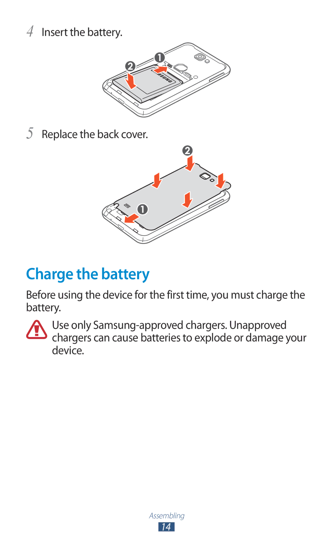 Samsung GT-N7000ZBADTM, GT-N7000ZBADBT, GT-N7000ZBEDBT manual Charge the battery, Insert the battery Replace the back cover 