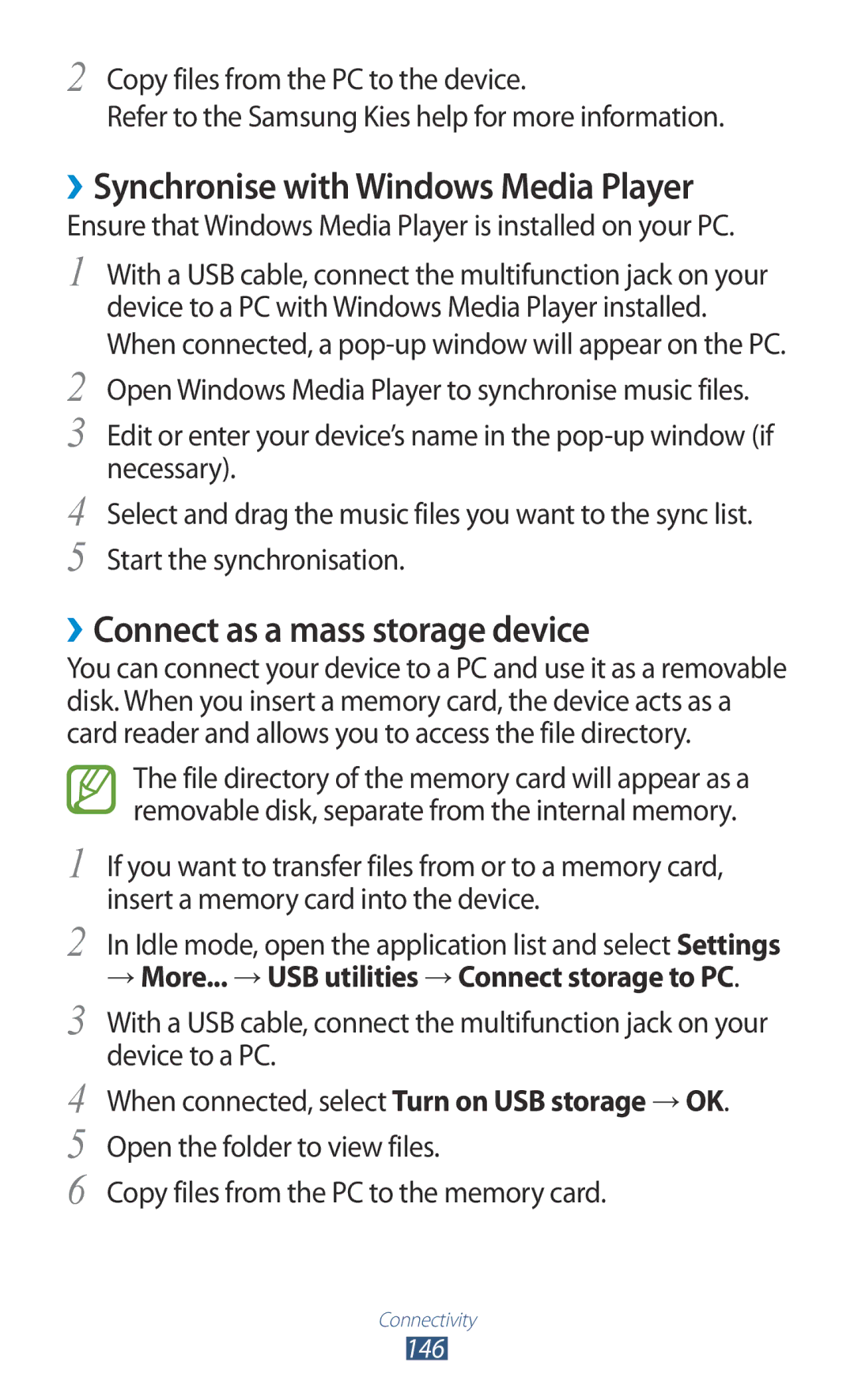 Samsung GT-N7000ZBABGL, GT-N7000ZBADBT manual ››Synchronise with Windows Media Player, ››Connect as a mass storage device 