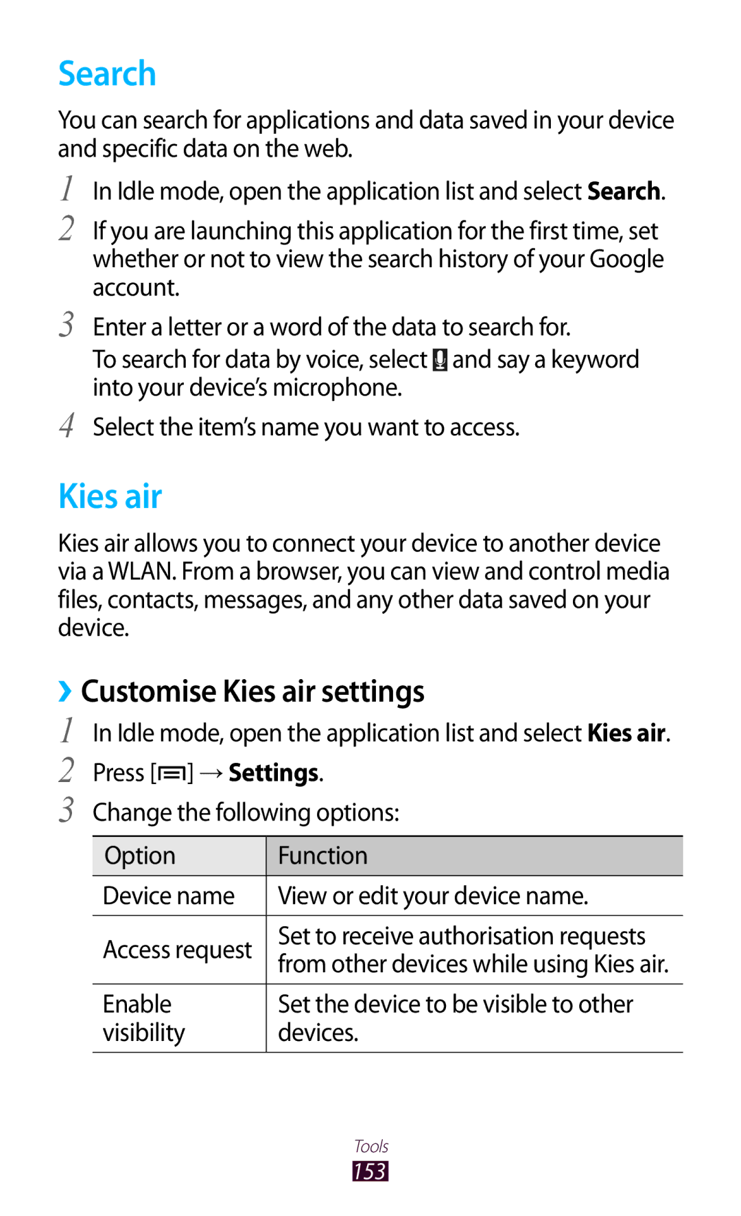 Samsung GT2N7000RWAVIP Search, Customise Kies air settings, Option Function Device name View or edit your device name 