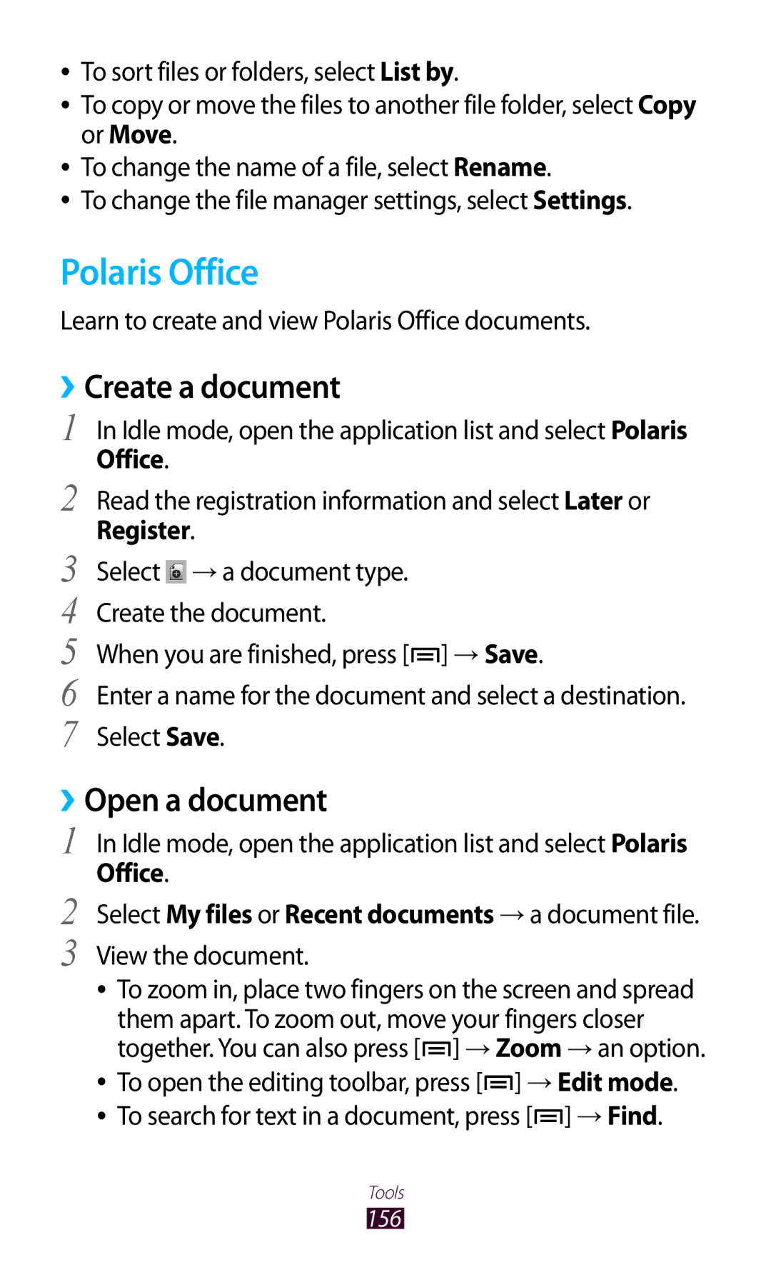 Samsung GT-N7000ZBACRG, GT-N7000ZBADBT, GT-N7000ZBEDBT Polaris Office, ››Create a document, ››Open a document, Register 