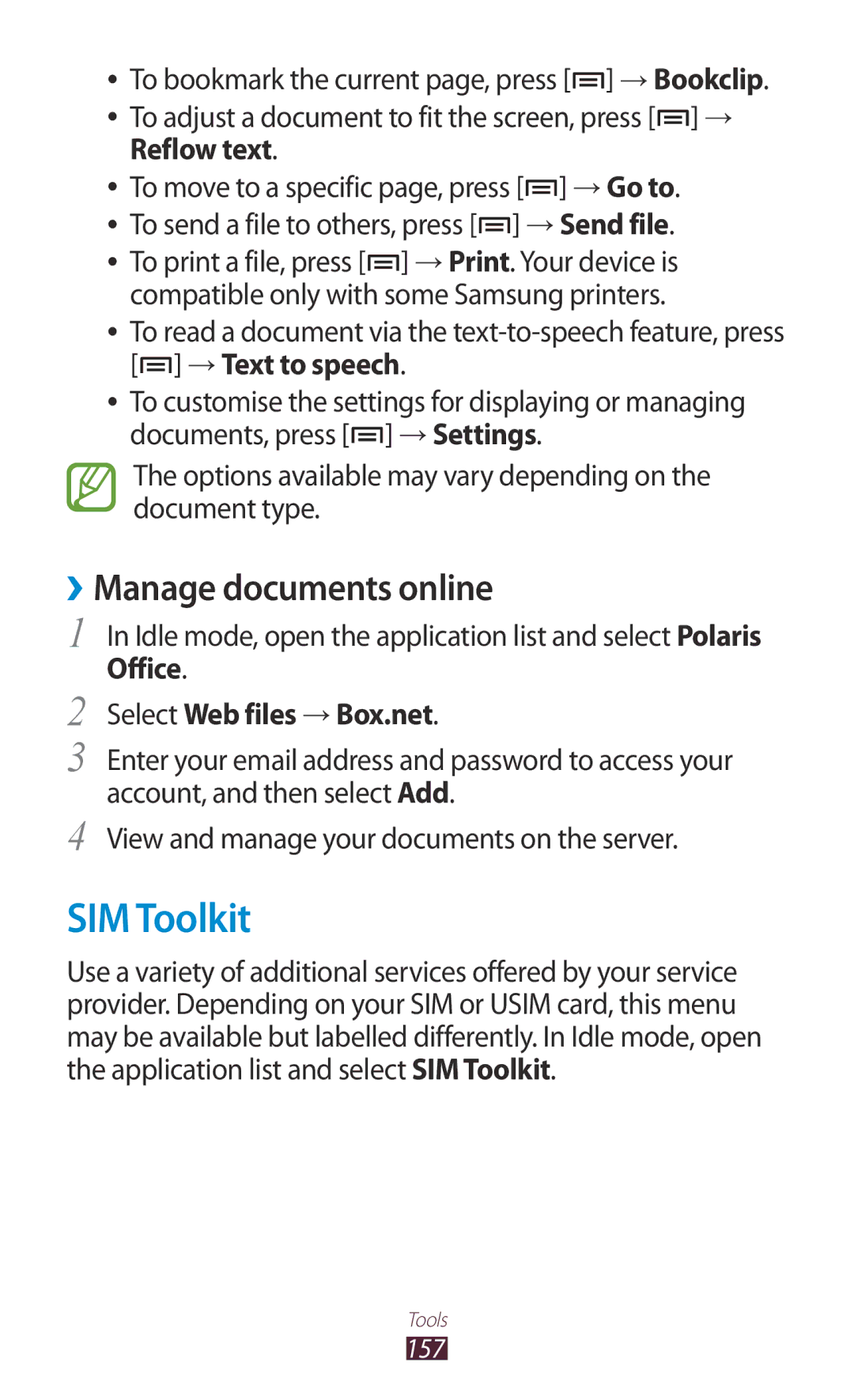 Samsung GT-N7000RWASMO, GT-N7000ZBADBT manual SIM Toolkit, ››Manage documents online, Office Select Web files → Box.net 