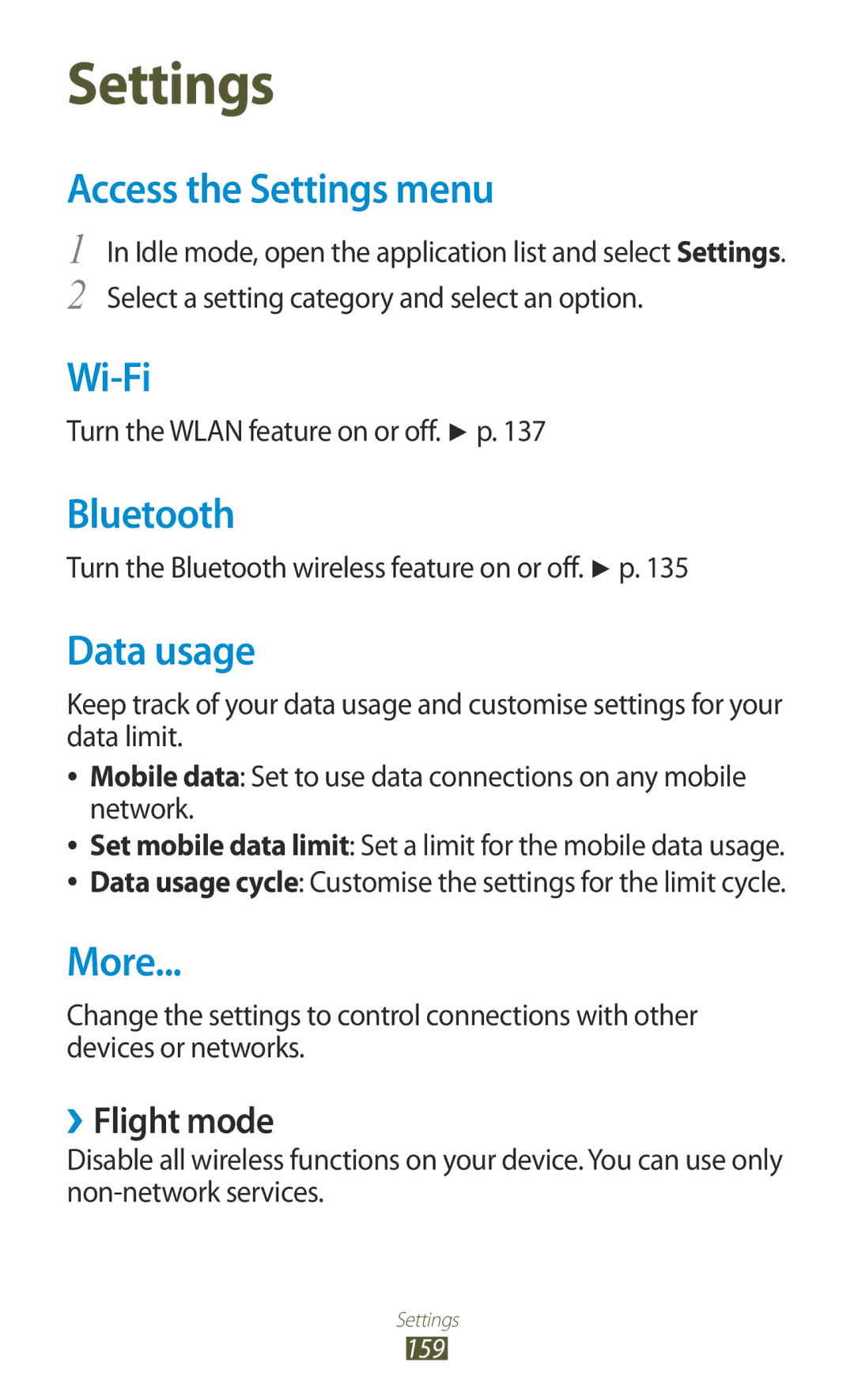 Samsung GT-N7000RWACRG, GT-N7000ZBADBT, GT-N7000ZBEDBT manual Access the Settings menu, Data usage, More, ››Flight mode 