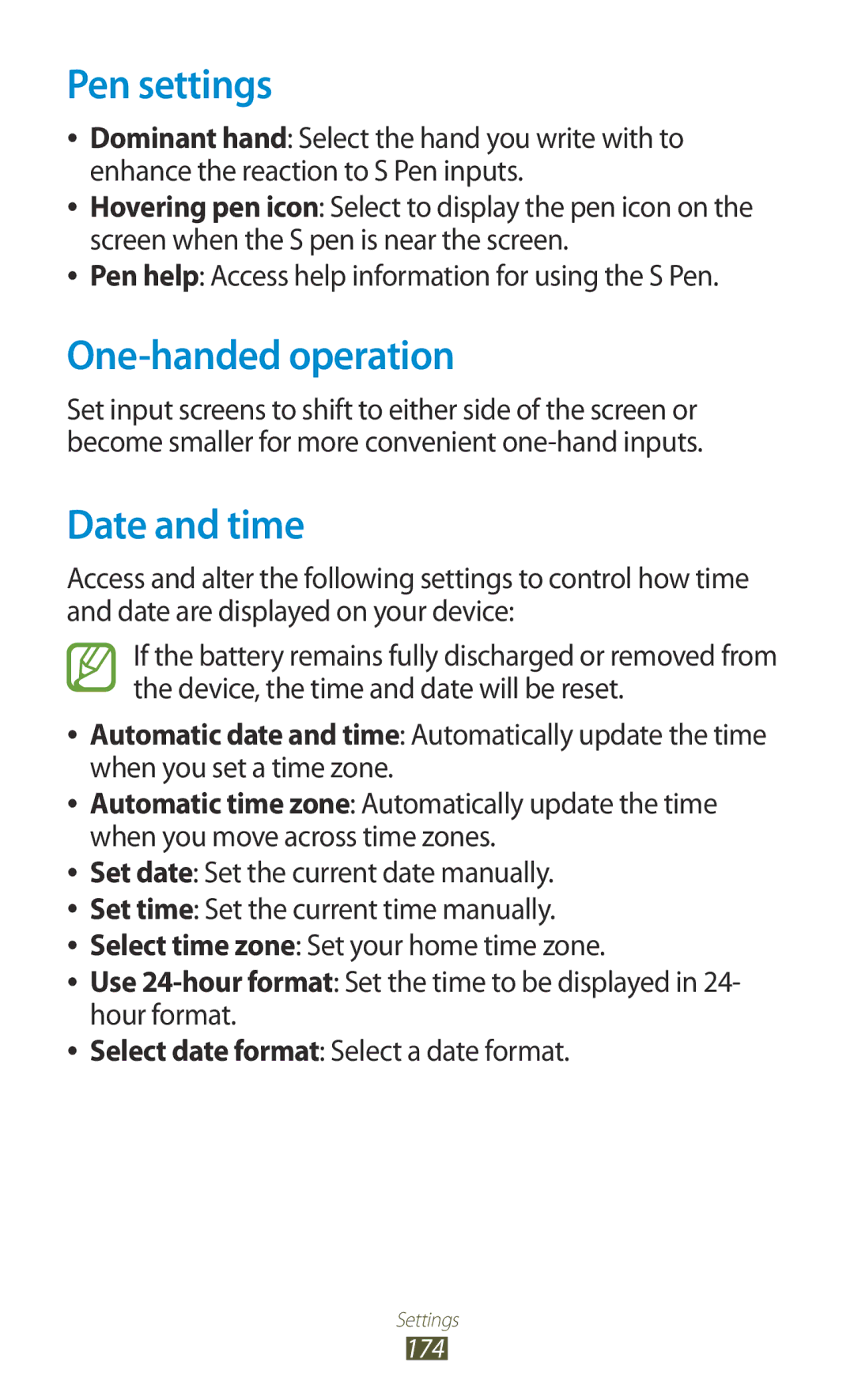 Samsung GT-N7000ZBAXEZ, GT-N7000ZBADBT, GT-N7000ZBEDBT, GT-N7000ZBEATO Pen settings, One-handed operation, Date and time 