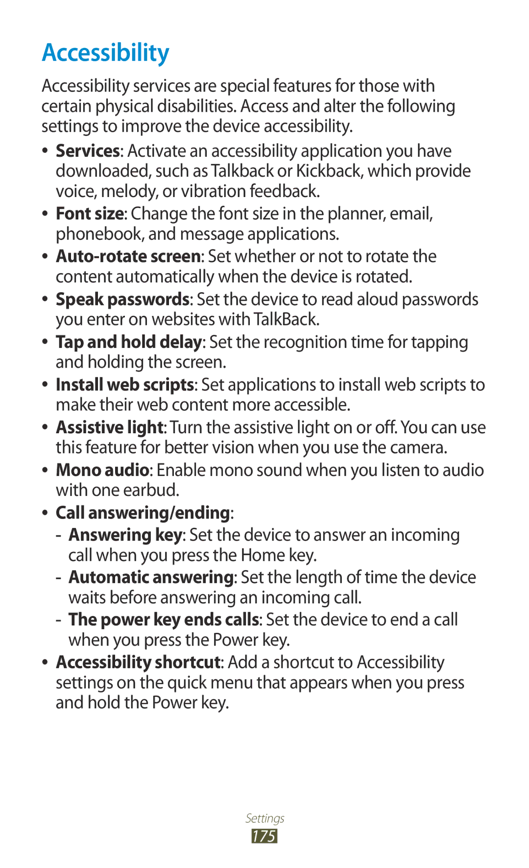 Samsung GT-N7000ZBAVDC, GT-N7000ZBADBT, GT-N7000ZBEDBT, GT-N7000ZBEATO, GT-N7000RWATUR Accessibility, Call answering/ending 