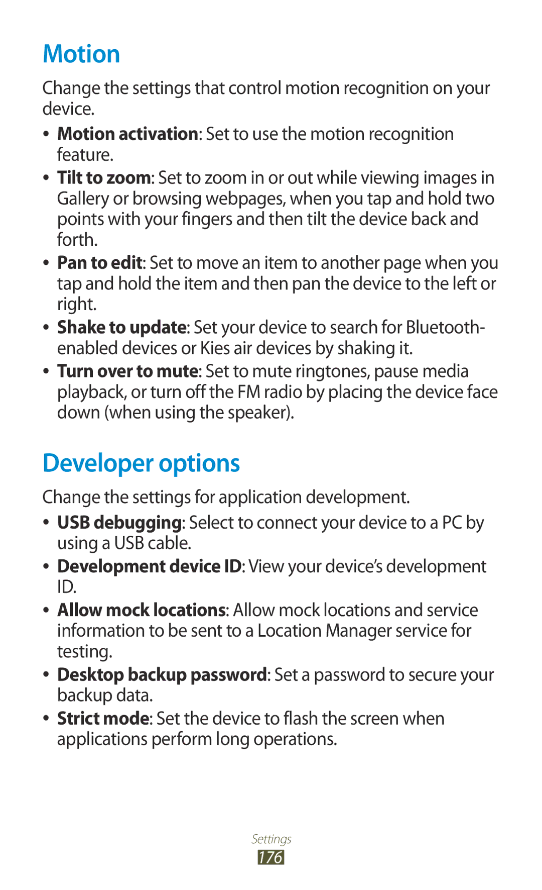 Samsung GT-N7000RWAXEO, GT-N7000ZBADBT Motion, Developer options, Development device ID View your device’s development ID 