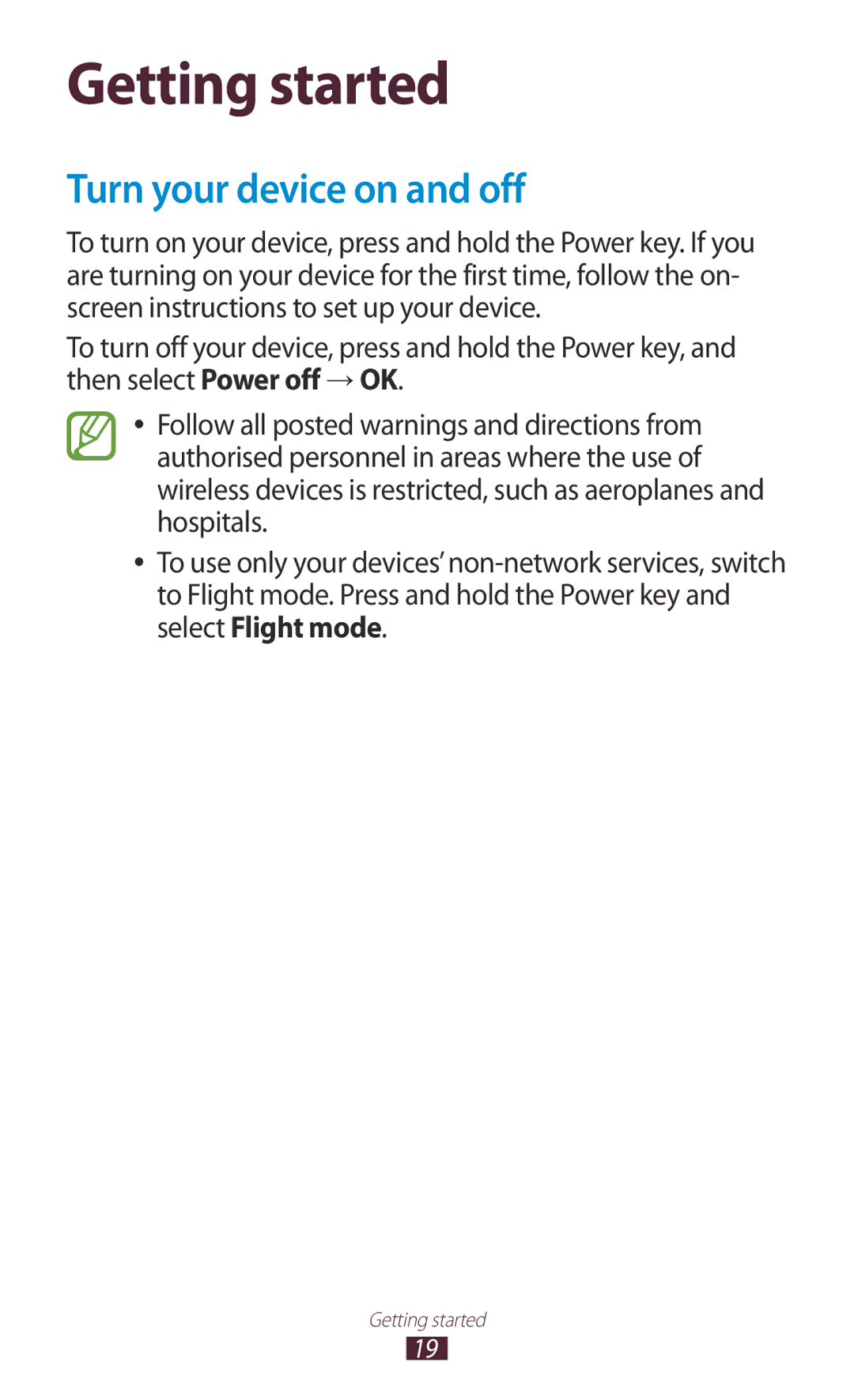 Samsung GT-N7000RWADBT, GT-N7000ZBADBT, GT-N7000ZBEDBT, GT-N7000ZBEATO manual Getting started, Turn your device on and off 