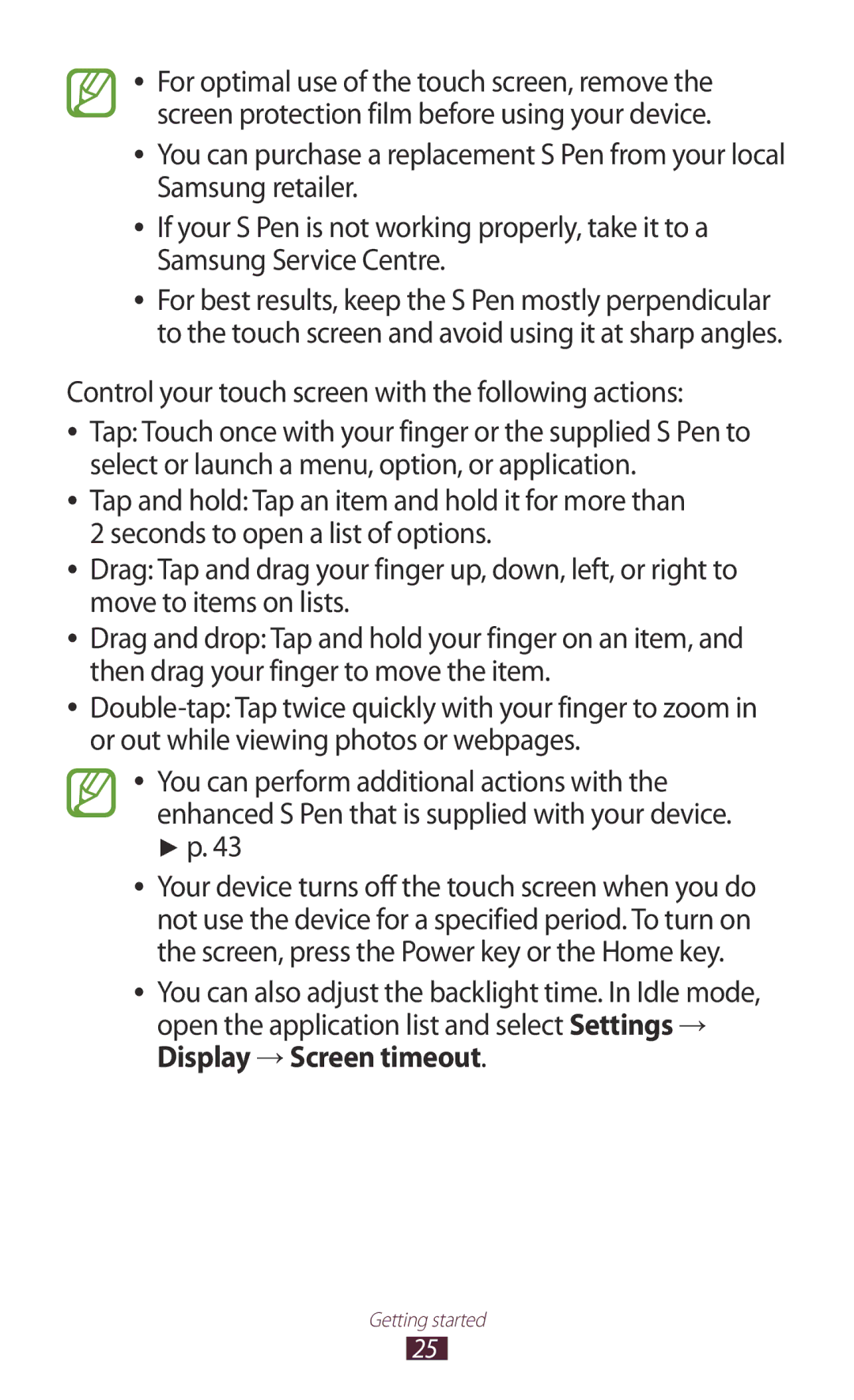 Samsung GT-N7000ZIAXEF, GT-N7000ZBADBT, GT-N7000ZBEDBT, GT-N7000ZBEATO Control your touch screen with the following actions 