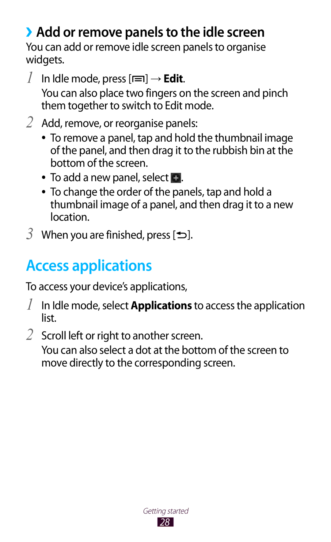 Samsung GT-N7000RWAFTM, GT-N7000ZBADBT, GT-N7000ZBEDBT manual Access applications, ››Add or remove panels to the idle screen 