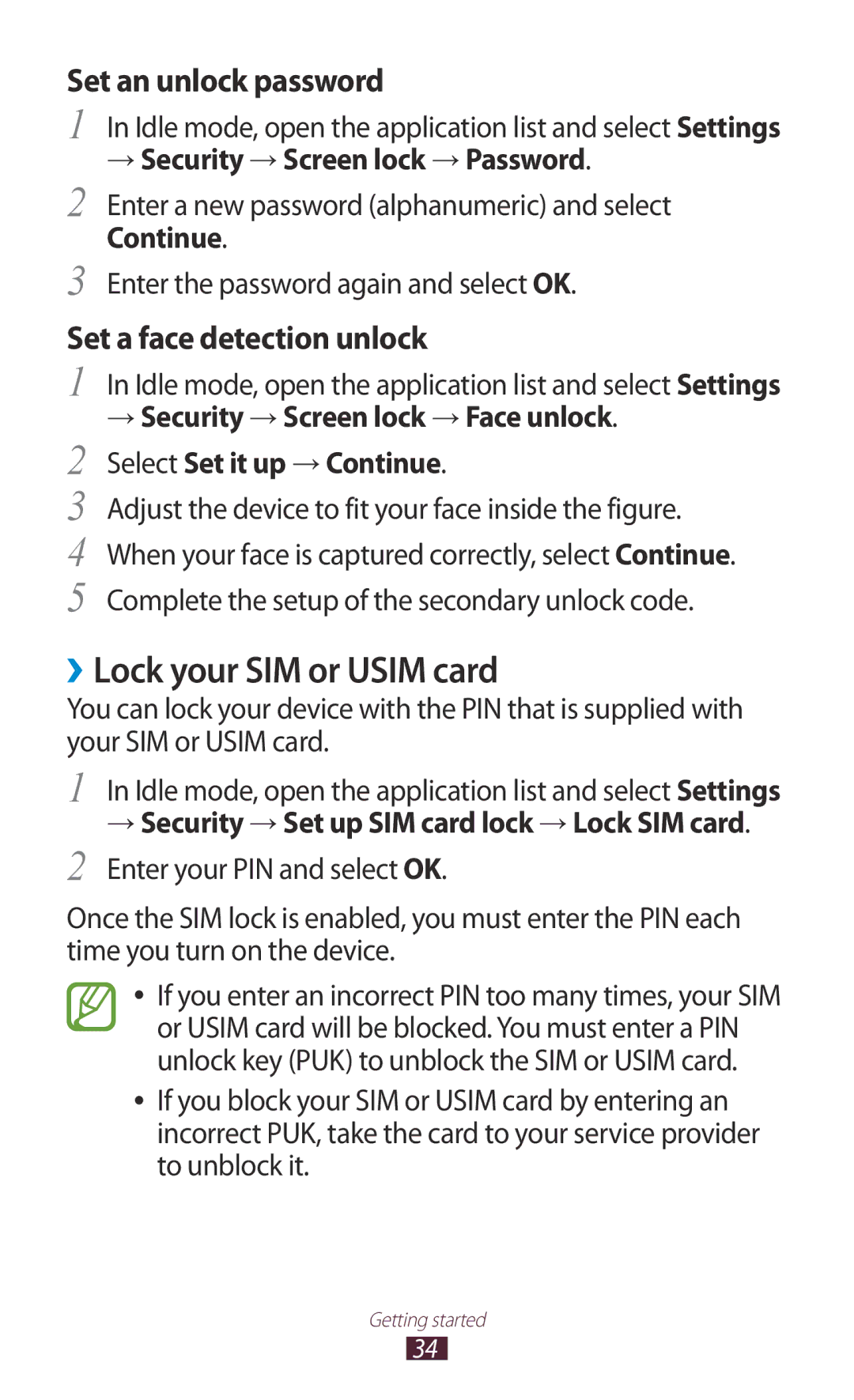 Samsung GT-N7000ZIAFTM, GT-N7000ZBADBT ››Lock your SIM or Usim card, Set an unlock password, Set a face detection unlock 