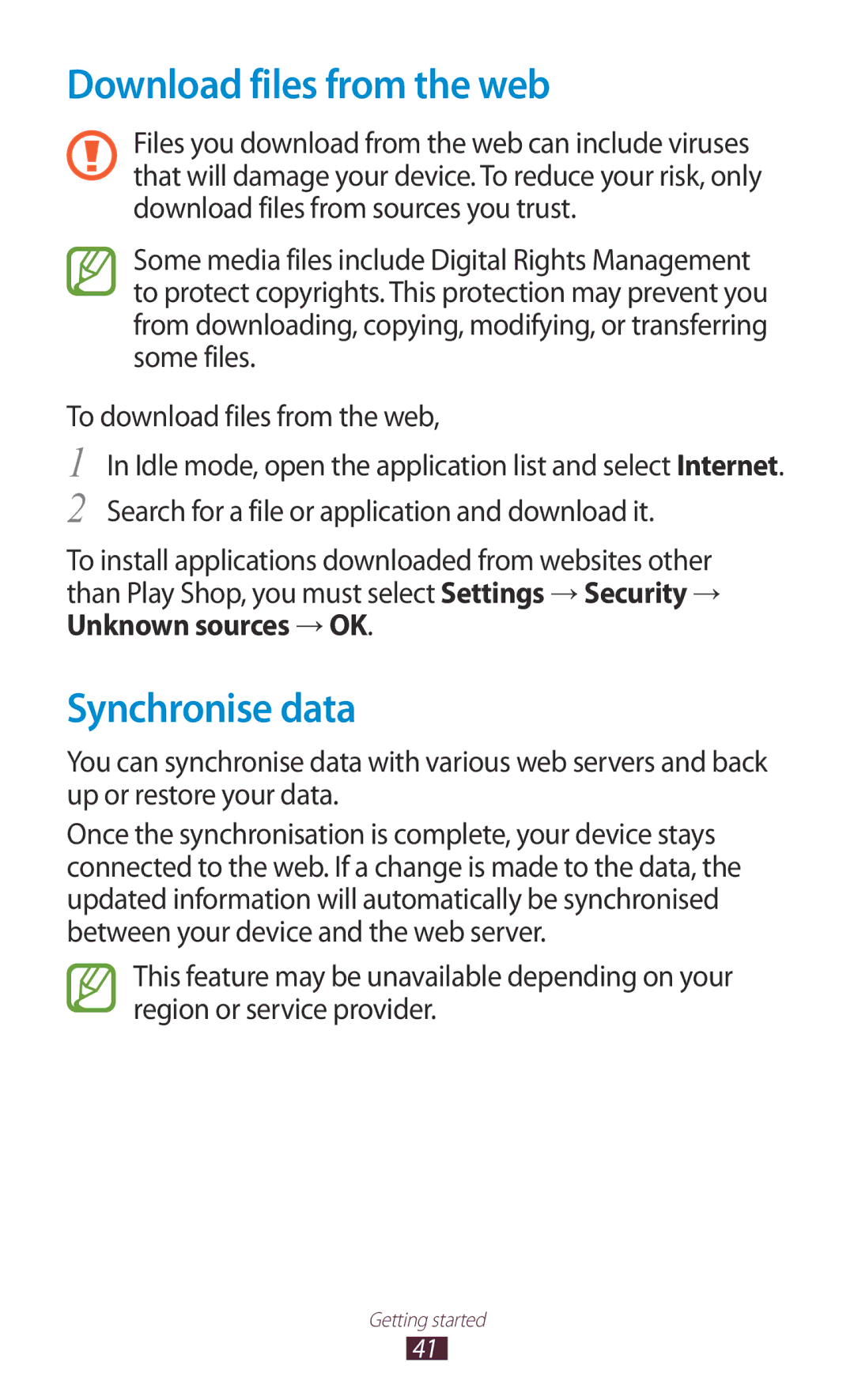 Samsung GT-N7000RWEITV, GT-N7000ZBADBT, GT-N7000ZBEDBT, GT-N7000ZBEATO manual Download files from the web, Synchronise data 