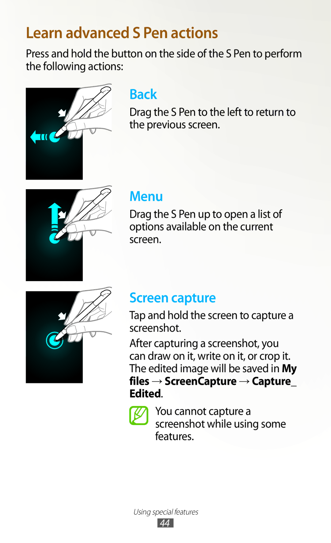 Samsung GT-N7000ZBAOMN manual Learn advanced S Pen actions, Drag the S Pen to the left to return to the previous screen 