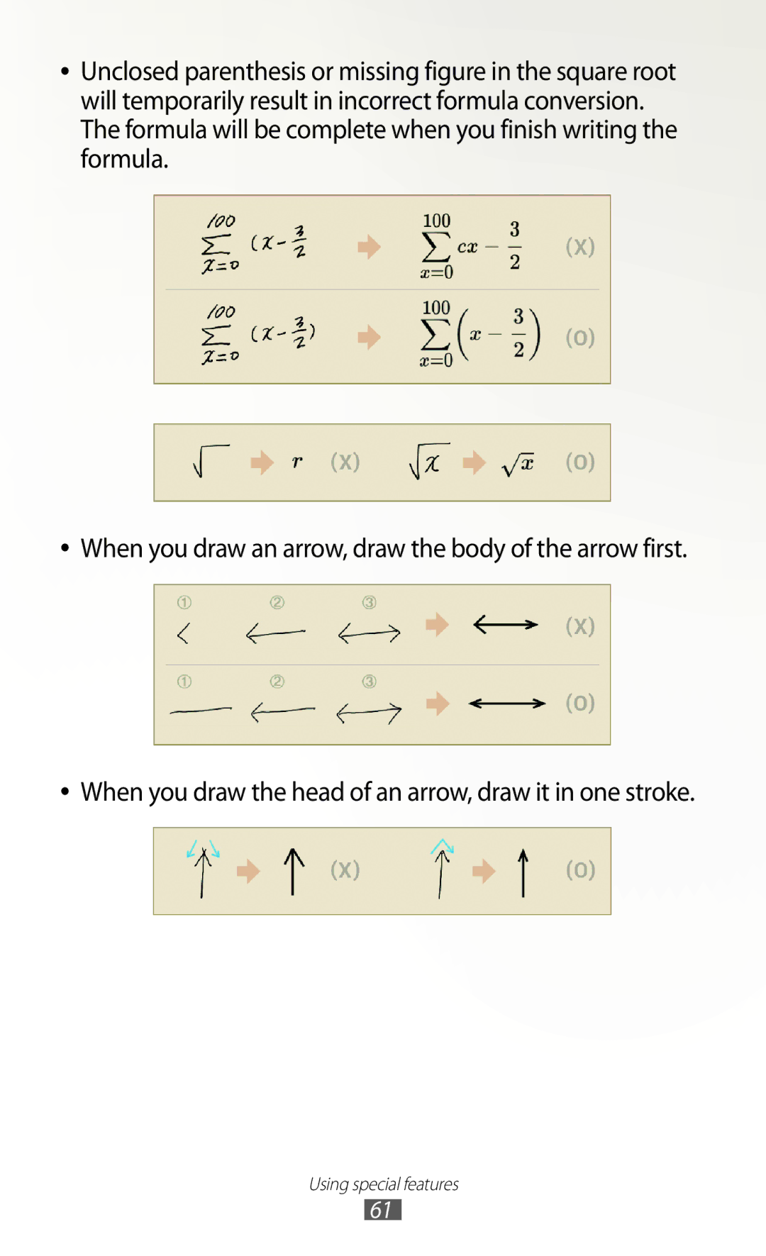 Samsung GT-N7000RWAATL, GT-N7000ZBADBT, GT-N7000ZBEDBT manual When you draw the head of an arrow, draw it in one stroke 