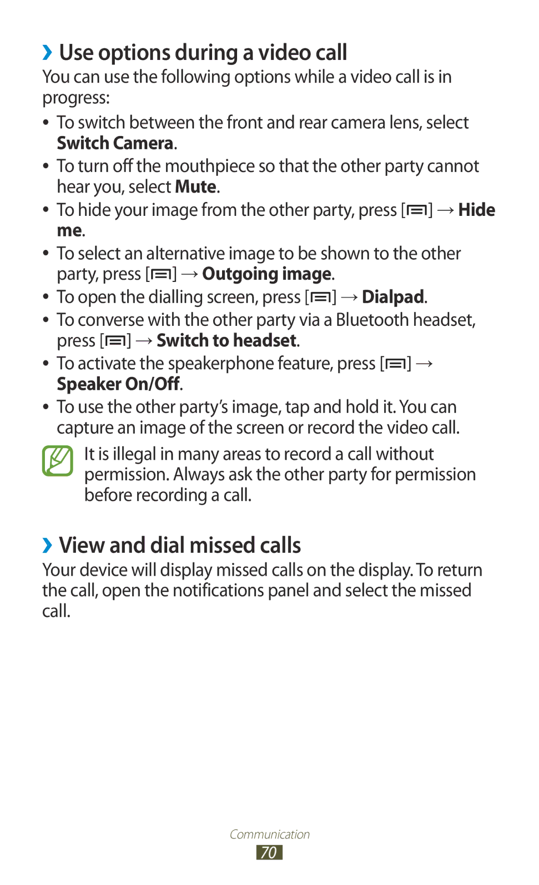 Samsung GT-N7000ZBAXEC, GT-N7000ZBADBT, GT-N7000ZBEDBT manual ››Use options during a video call, ››View and dial missed calls 