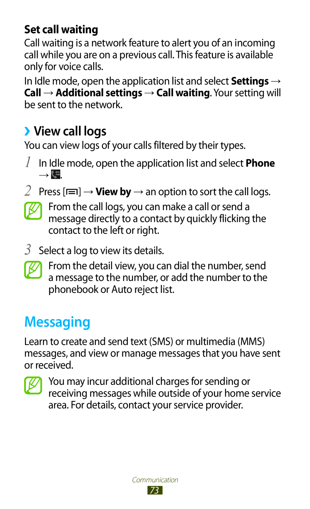 Samsung GT-N7000ZBEXEC, GT-N7000ZBADBT, GT-N7000ZBEDBT, GT-N7000ZBEATO manual Messaging, ››View call logs, Set call waiting 