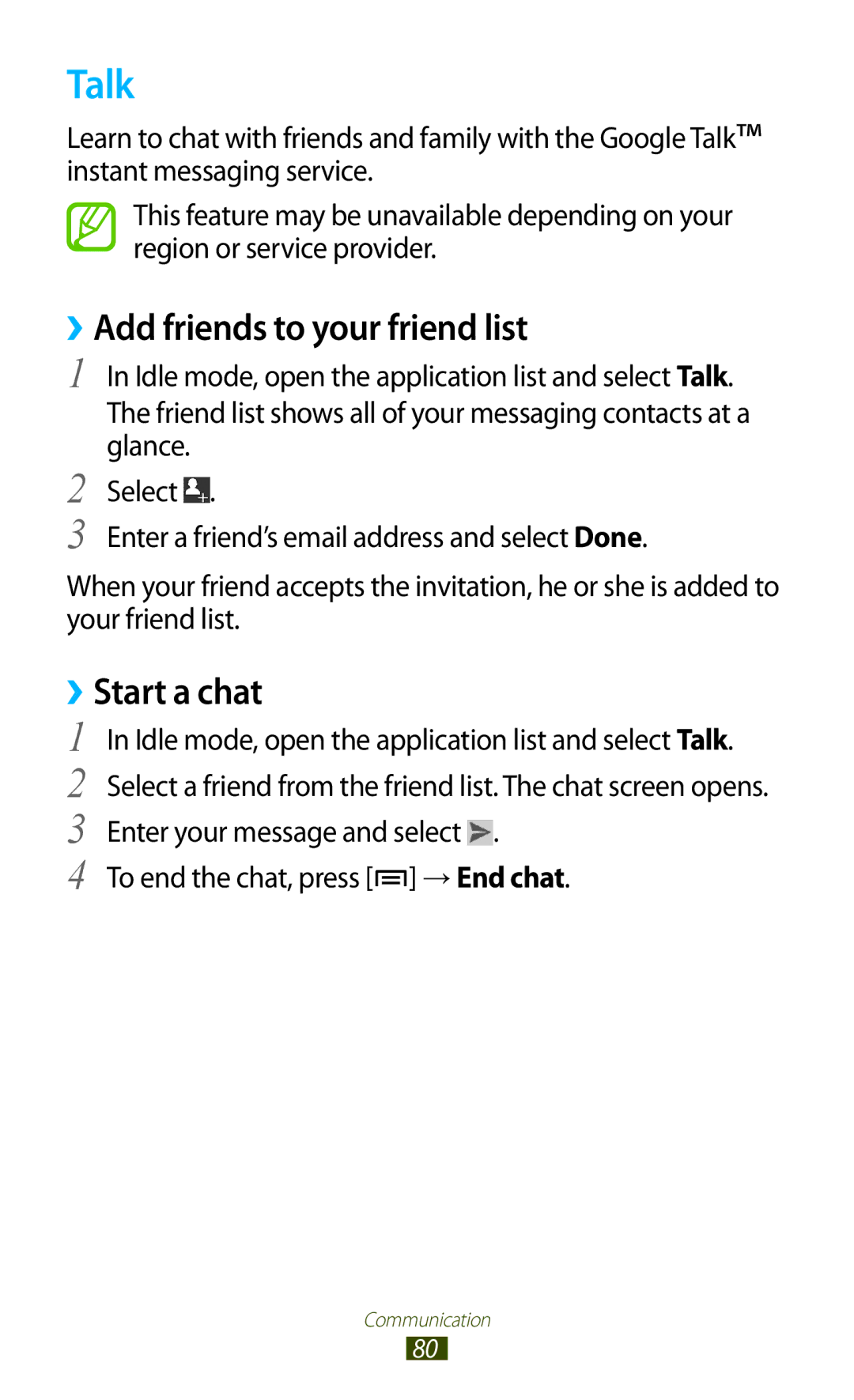 Samsung GT-N7000ZBADAM, GT-N7000ZBADBT, GT-N7000ZBEDBT manual Talk, ››Add friends to your friend list, ››Start a chat 