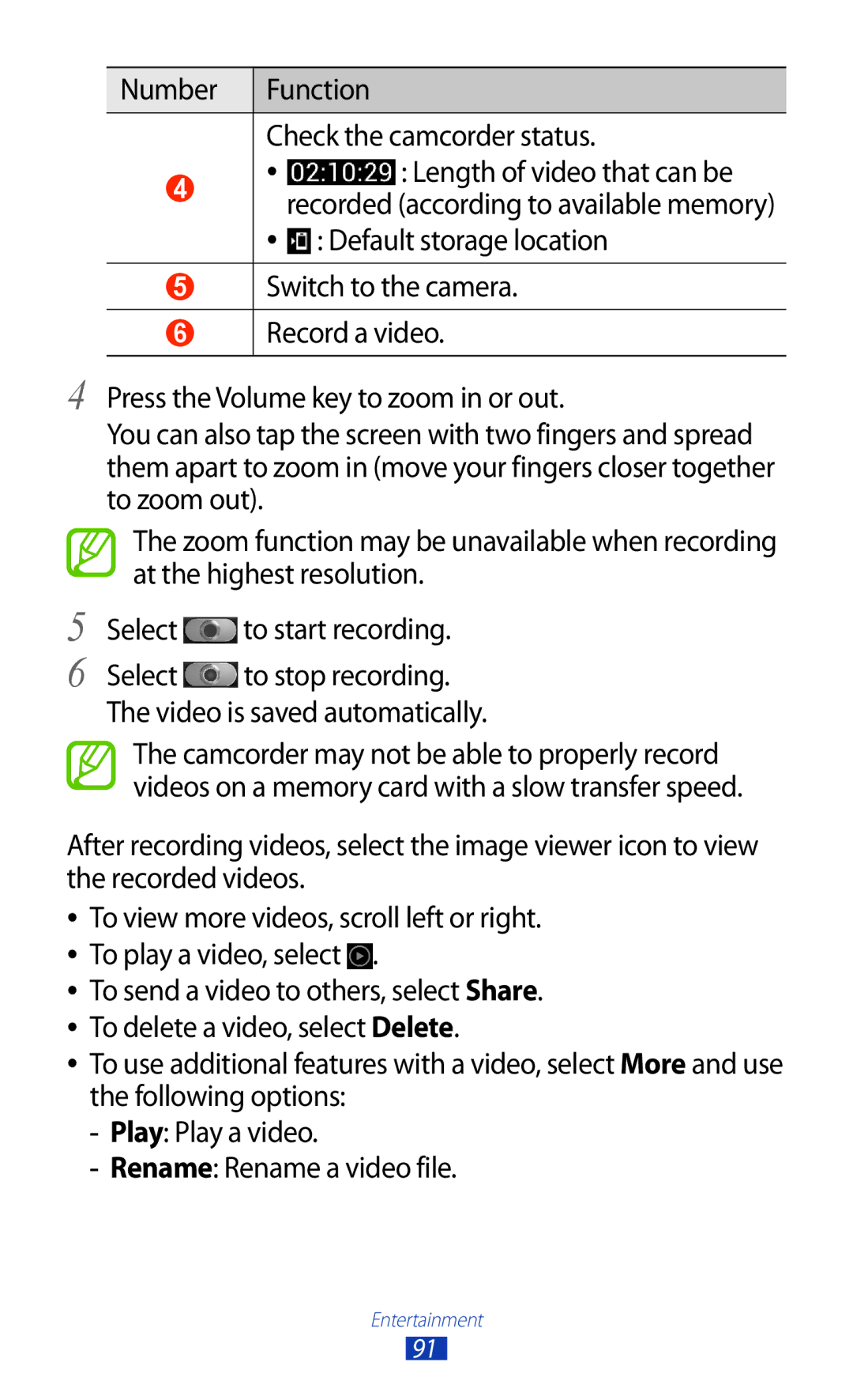 Samsung GT-N7000RWATMC, GT-N7000ZBADBT, GT-N7000ZBEDBT Number Function Check the camcorder status, Default storage location 