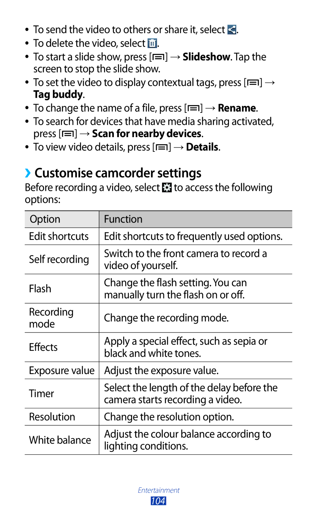 Samsung GT-N7000RWATRA, GT-N7000ZBADBT manual ››Customise camcorder settings, To view video details, press → Details 