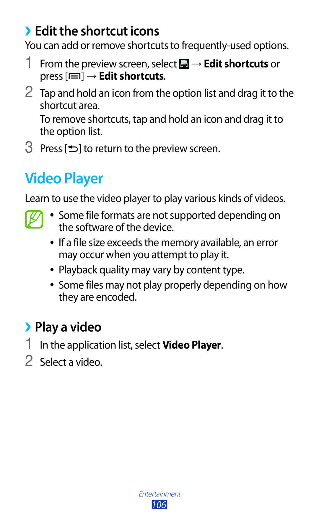 Samsung GT2N7000ZBAVIP, GT-N7000ZBADBT, GT-N7000ZBEDBT manual Video Player, ››Edit the shortcut icons, ››Play a video 