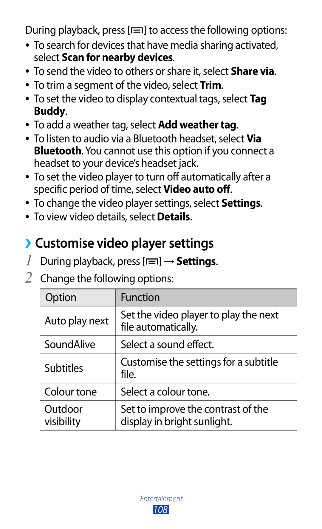 Samsung GT-N7000ZBAVDC, GT-N7000ZBADBT, GT-N7000ZBEDBT, GT-N7000ZBEATO, GT-N7000RWATUR manual ››Customise video player settings 