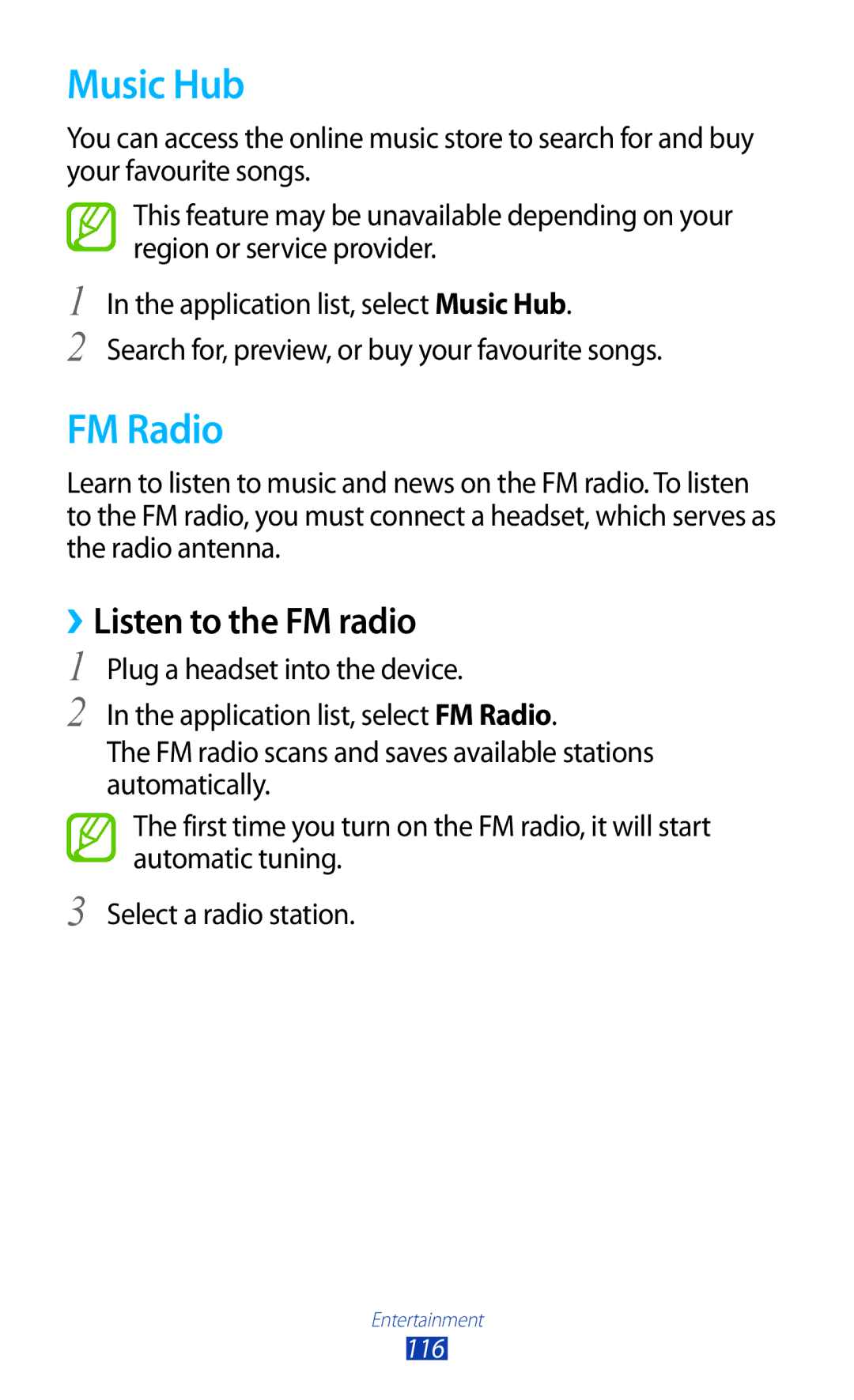 Samsung GT-N7000ZBAXSK, GT-N7000ZBADBT, GT-N7000ZBEDBT, GT-N7000ZBEATO manual Music Hub, FM Radio, ››Listen to the FM radio 