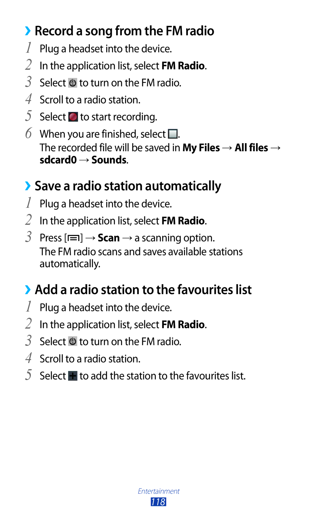 Samsung GT-N7000ZBAORS manual ››Record a song from the FM radio, ››Save a radio station automatically, Sdcard0 → Sounds 