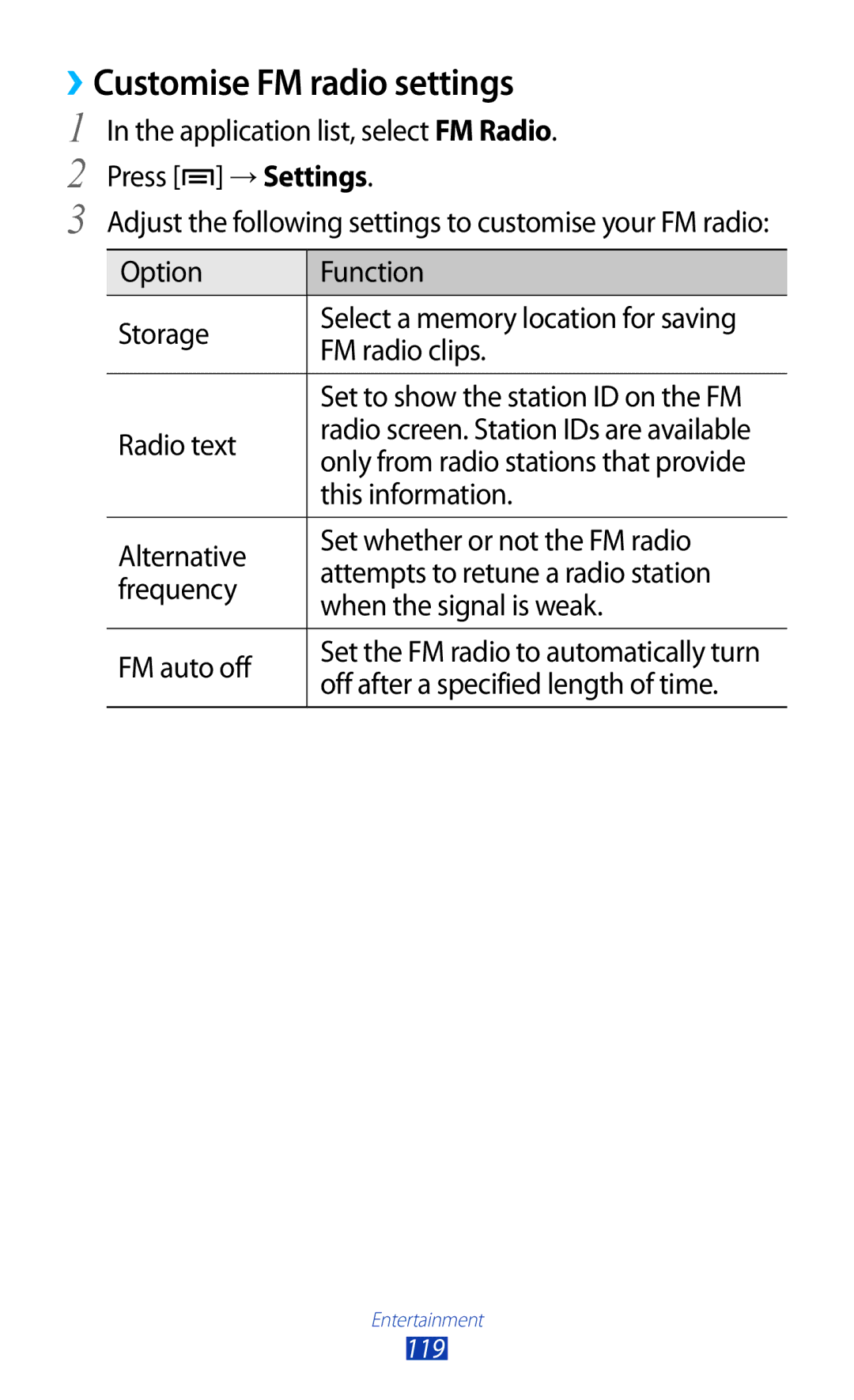 Samsung GT-N7000RWAXSK manual ››Customise FM radio settings, Only from radio stations that provide, This information 