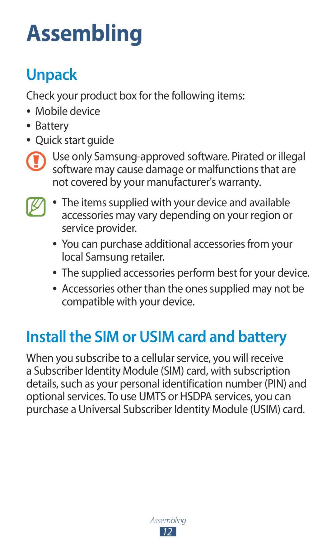 Samsung GT-N7000RWAEUR, GT-N7000ZBADBT, GT-N7000ZBEDBT, GT-N7000ZBEATO, GT-N7000RWATUR, GT-N7000RWAMBC manual Assembling, Unpack 