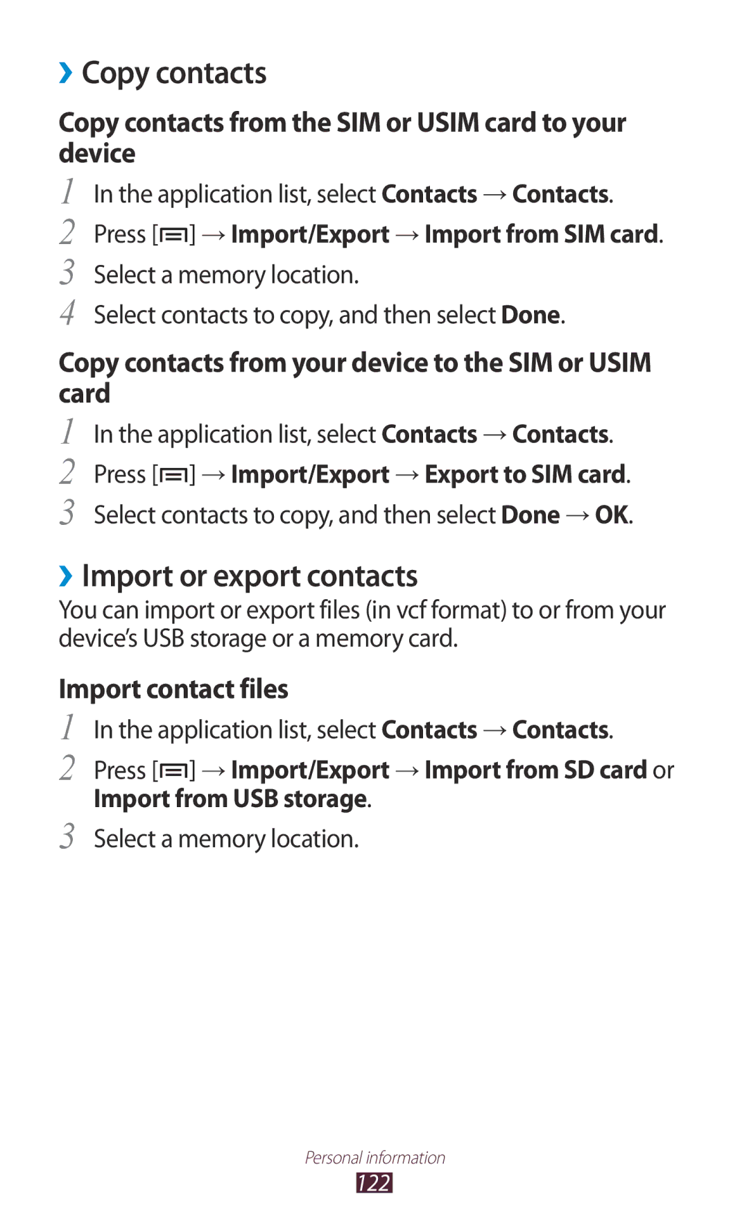 Samsung GT-N7000ZBANEE, GT-N7000ZBADBT, GT-N7000ZBEDBT ››Copy contacts, ››Import or export contacts, Import contact files 