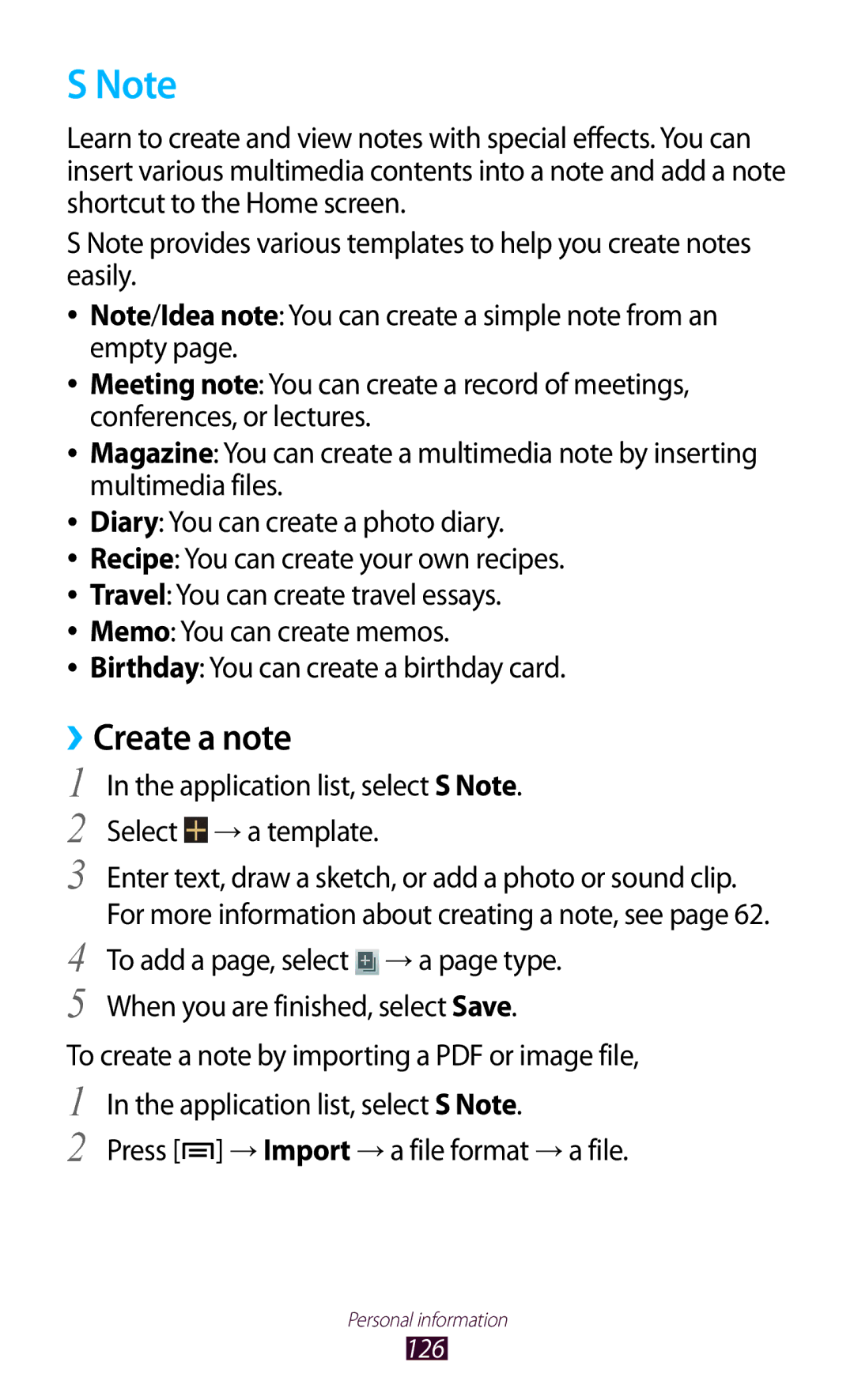 Samsung GT-N7000ZBASEB, GT-N7000ZBADBT, GT-N7000ZBEDBT, GT-N7000ZBEATO Create a note, To add a page, select → a page type 