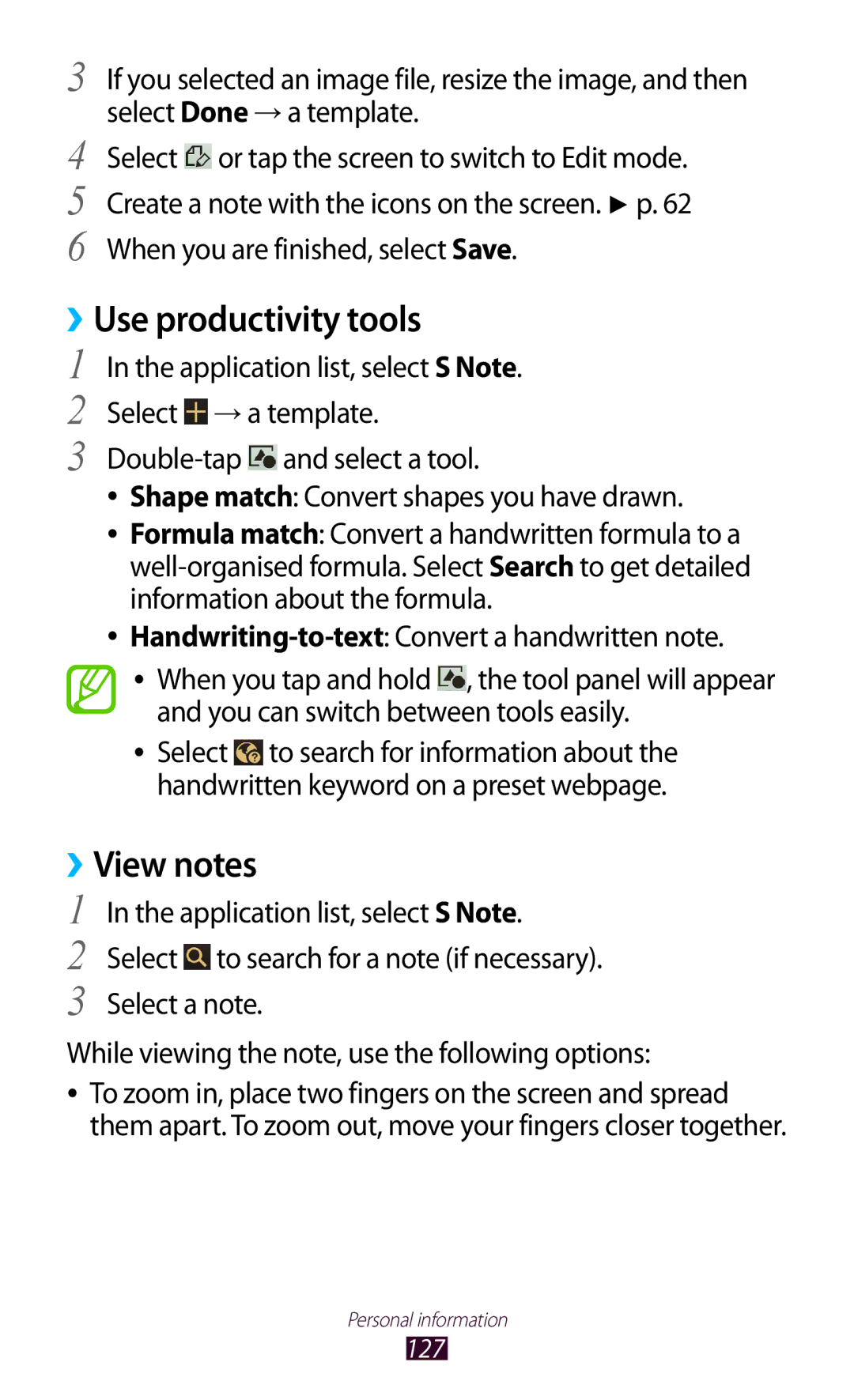 Samsung GT-N7000RWAVGR, GT-N7000ZBADBT ››Use productivity tools, View notes, Double-tap and select a tool, Select a note 