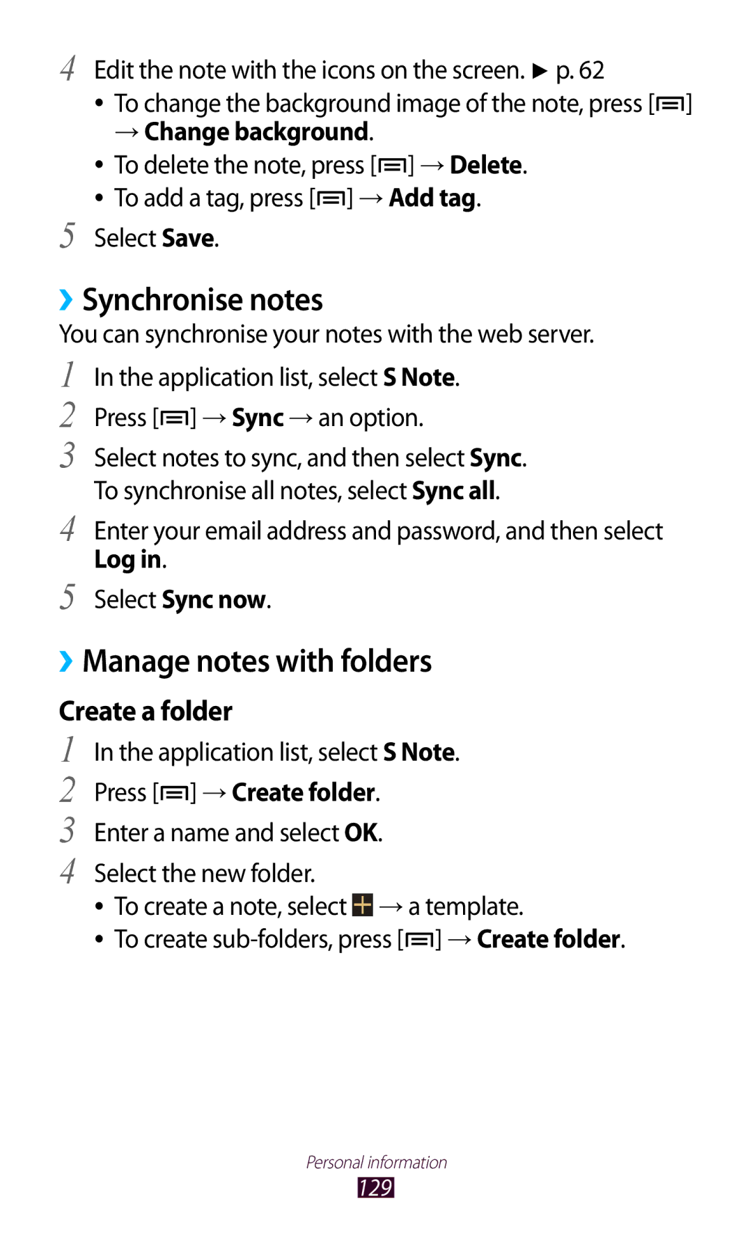 Samsung GT-N7000ZBEVGR manual ››Synchronise notes, Create a folder, → Change background, Log, Press → Create folder 