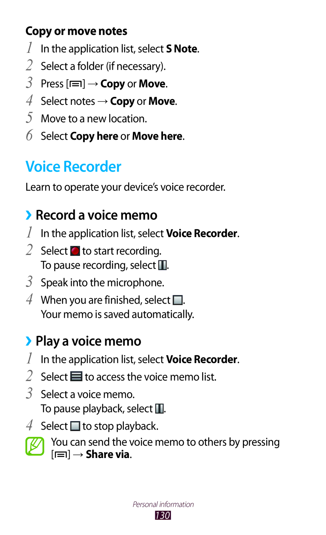 Samsung GT-N7000ZBEEUR, GT-N7000ZBADBT manual Voice Recorder, Record a voice memo, Play a voice memo, Copy or move notes 