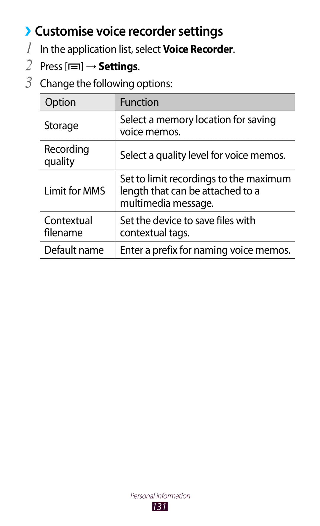 Samsung GT-N7000ZBAVGR, GT-N7000ZBADBT, GT-N7000ZBEDBT, GT-N7000ZBEATO manual ››Customise voice recorder settings, Quality 