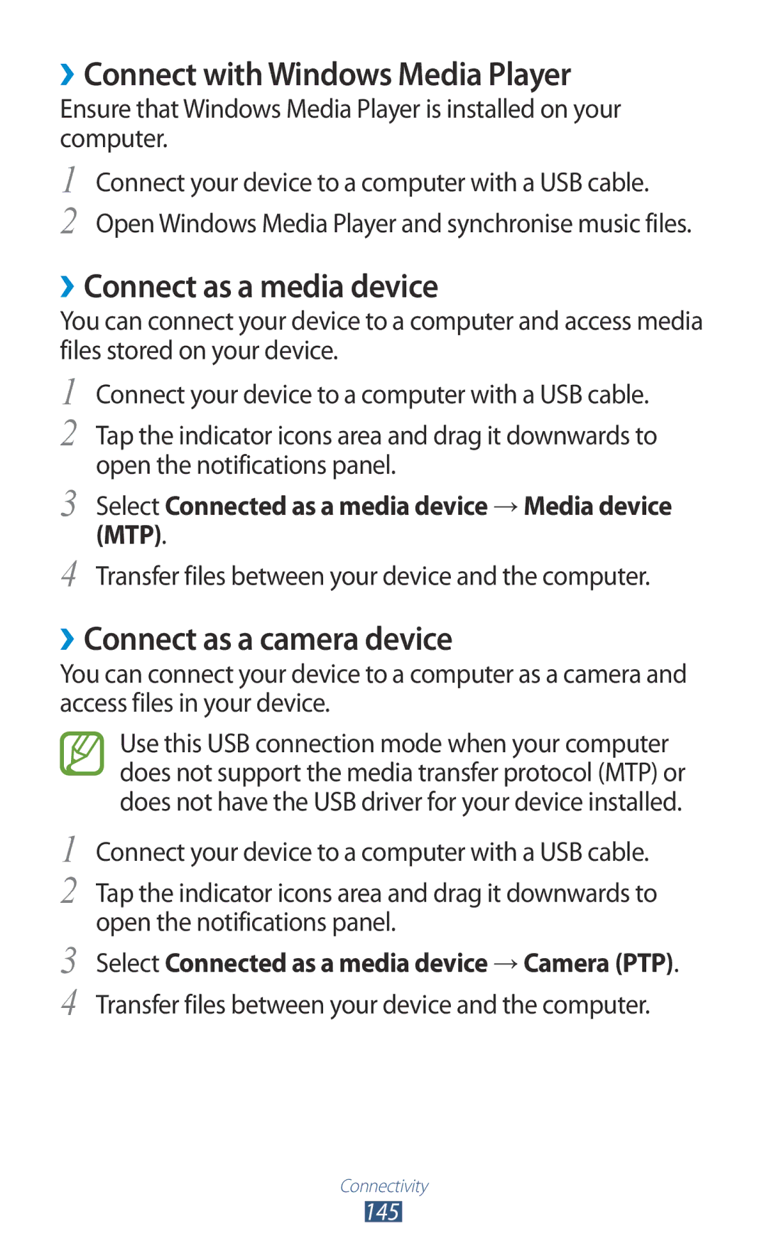 Samsung GT-N7000RWAPAN ››Connect with Windows Media Player, ››Connect as a media device, ››Connect as a camera device 