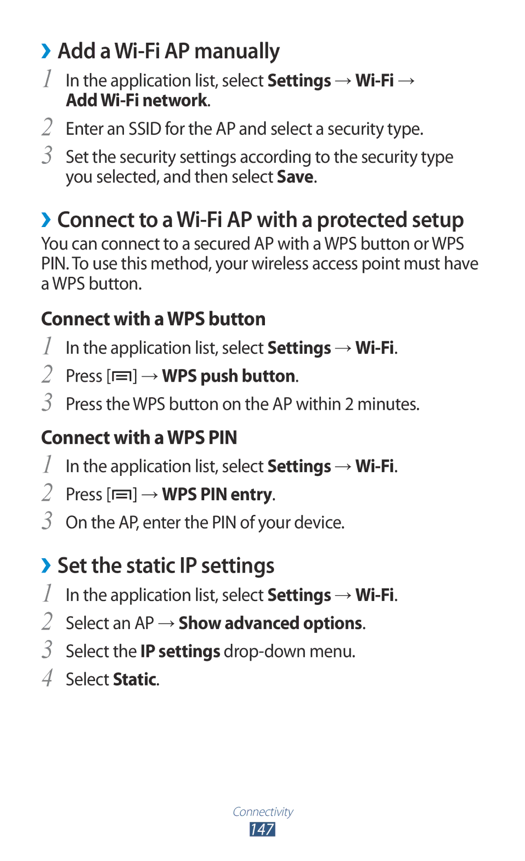 Samsung GT-N7000ZBACOA, GT-N7000ZBADBT ››Add a Wi-Fi AP manually, ››Set the static IP settings, Connect with a WPS button 