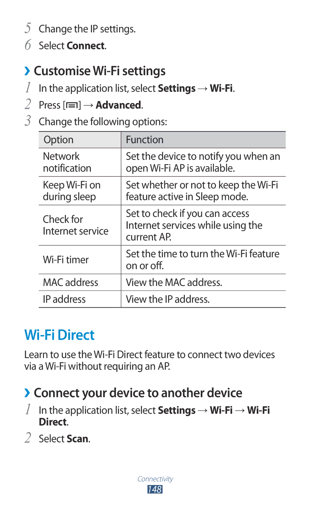 Samsung GT2N7000ZBATMH, GT-N7000ZBADBT Wi-Fi Direct, ››Customise Wi-Fi settings, ››Connect your device to another device 